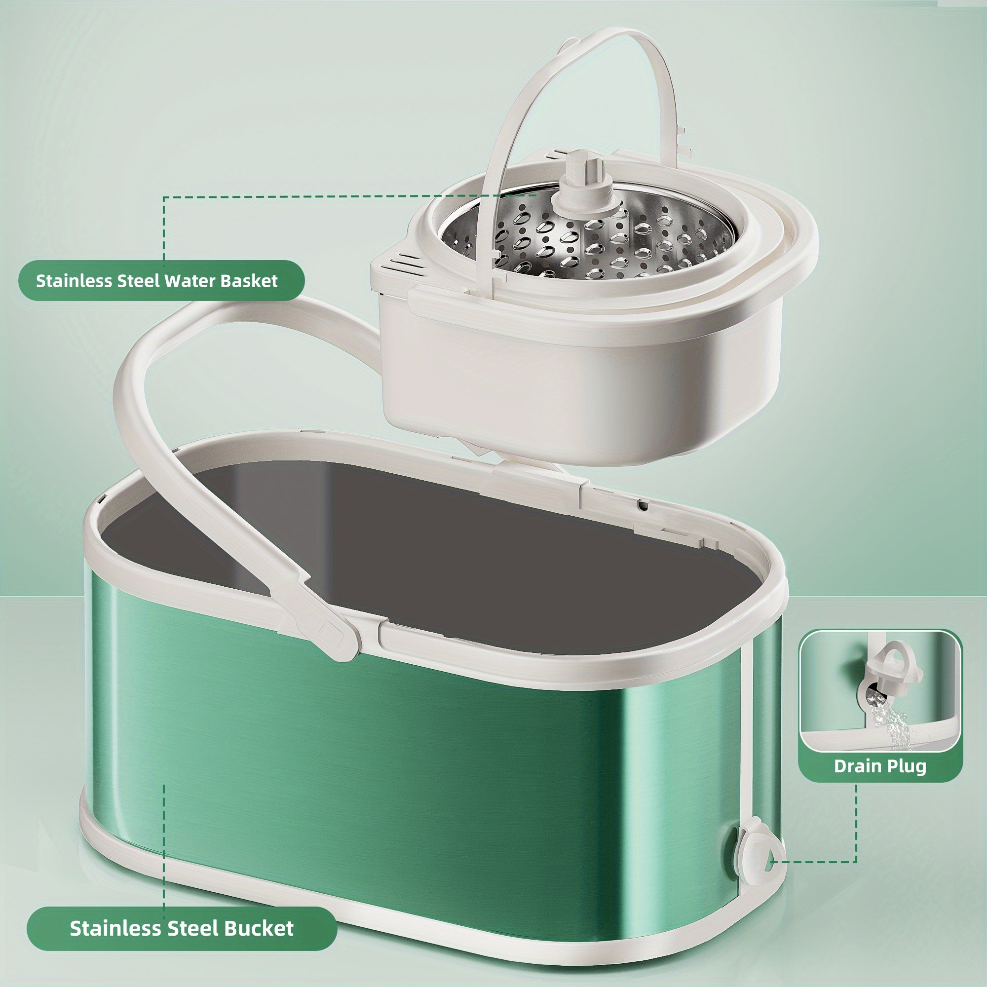 Green Spin Mop and Bucket Set with Stainless Steel Handle for Easy Floor Cleaning