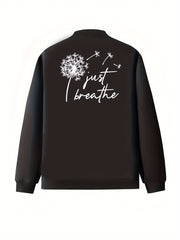 Women's Black Casual Baseball Collar Coat with Back Lettering