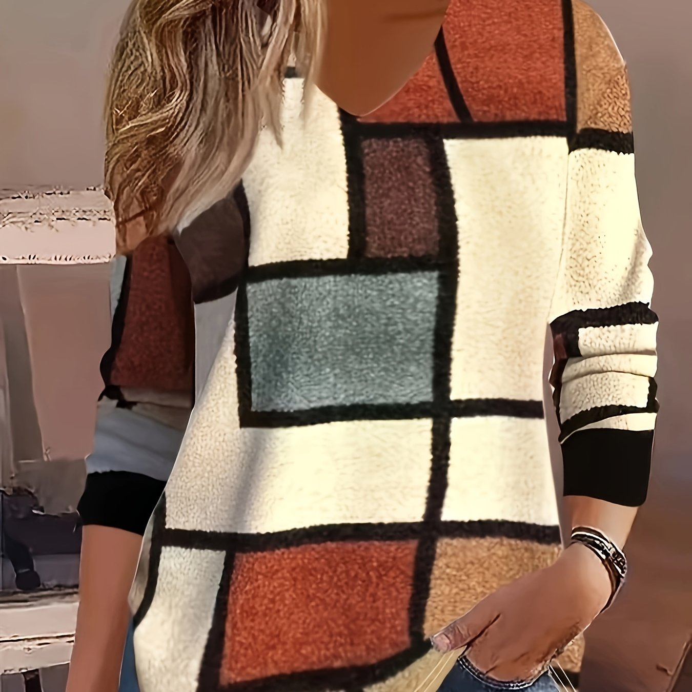 Women's Geometric Color Block V-Neck Long Sleeve Sweatshirt Plus Size Casual Warm Winter