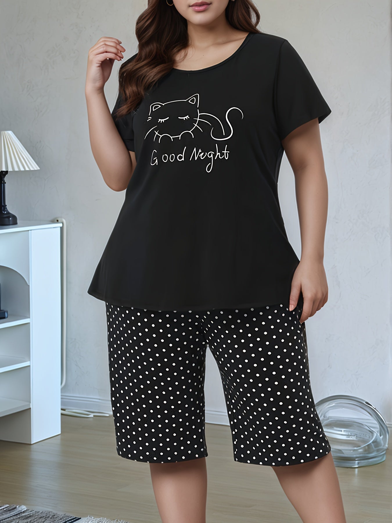 Conjunto de pijama casual de algodón de manga corta para mujer con estampado de gatito