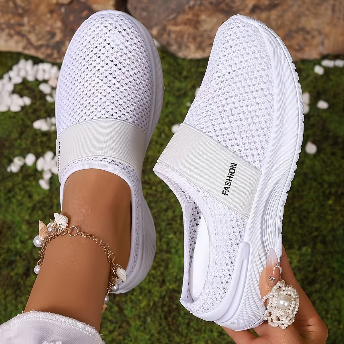 Women's White Slip-On Casual Sneakers Breathable Mesh Lightweight Comfort