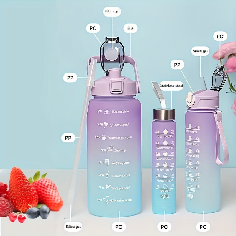 Set de botellas de agua con gradiente de 2L, libres de BPA, a prueba de fugas, con marcador de tiempo, pajilla, tapa con cierre para acampar y fitness