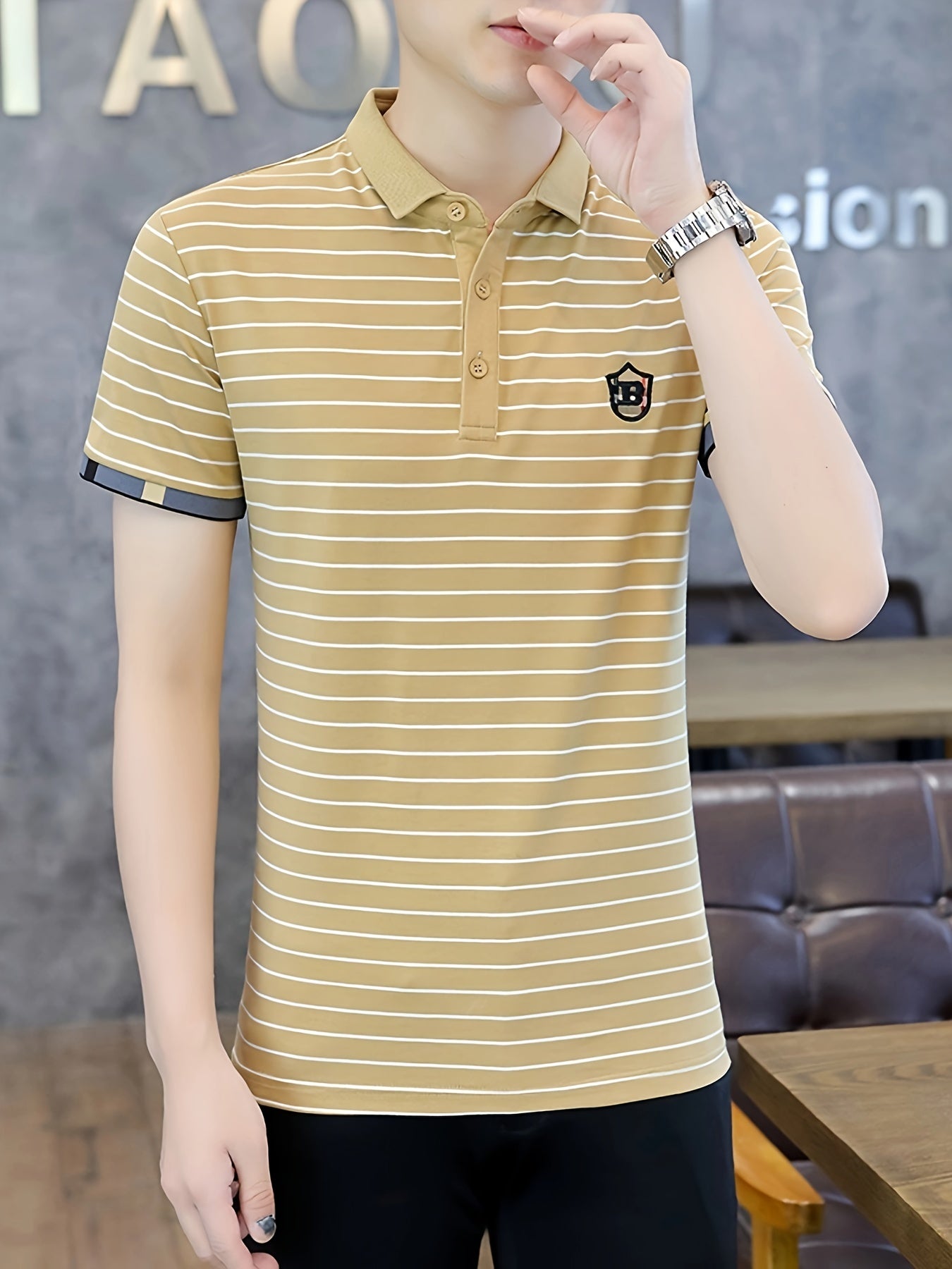 Men's Striped Cotton Golf Shirt Short Sleeve Embroidered Print Casual Lapel Summer Outdoor