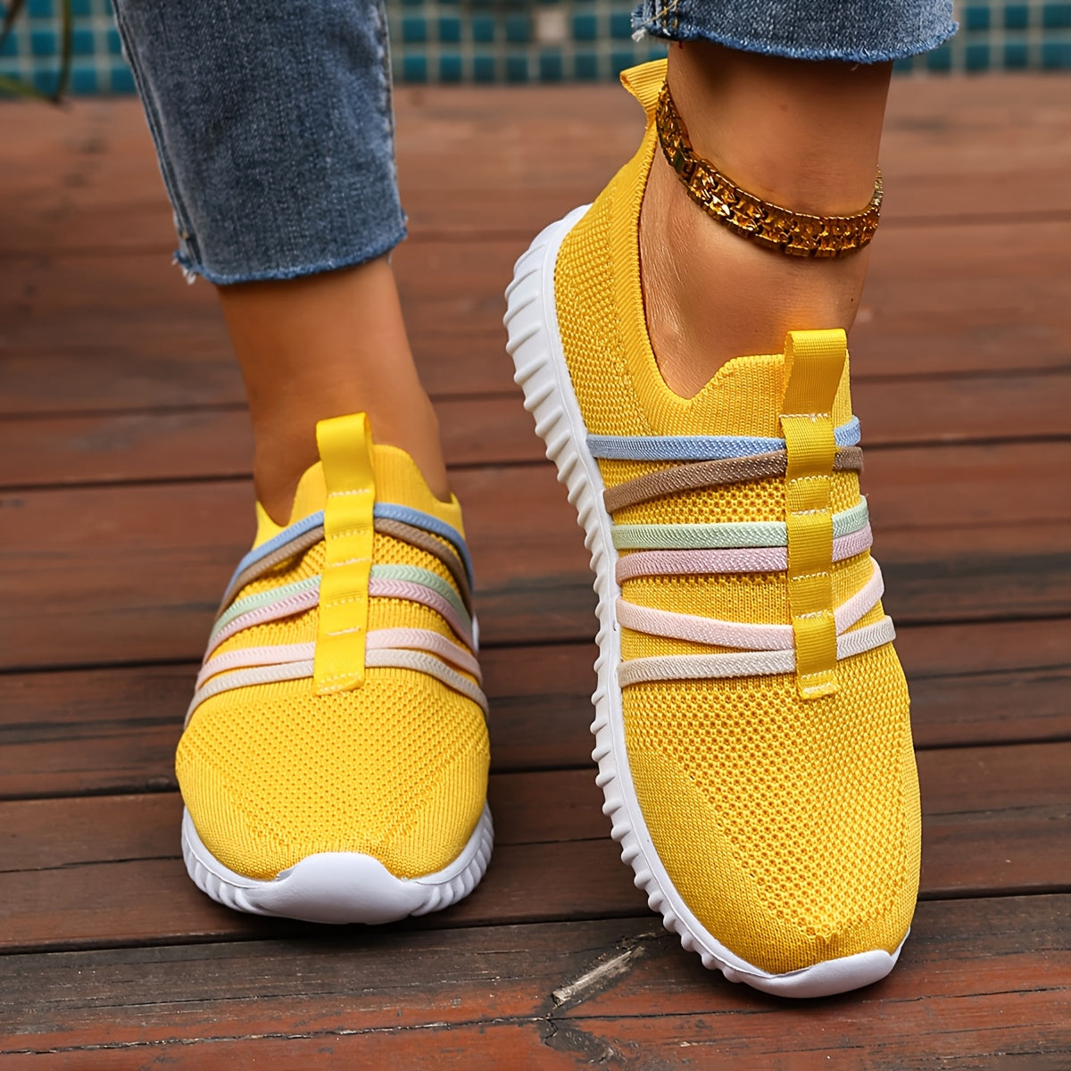 Women's Slip-On Casual Sneakers Breathable Fabric Pastel Stripes