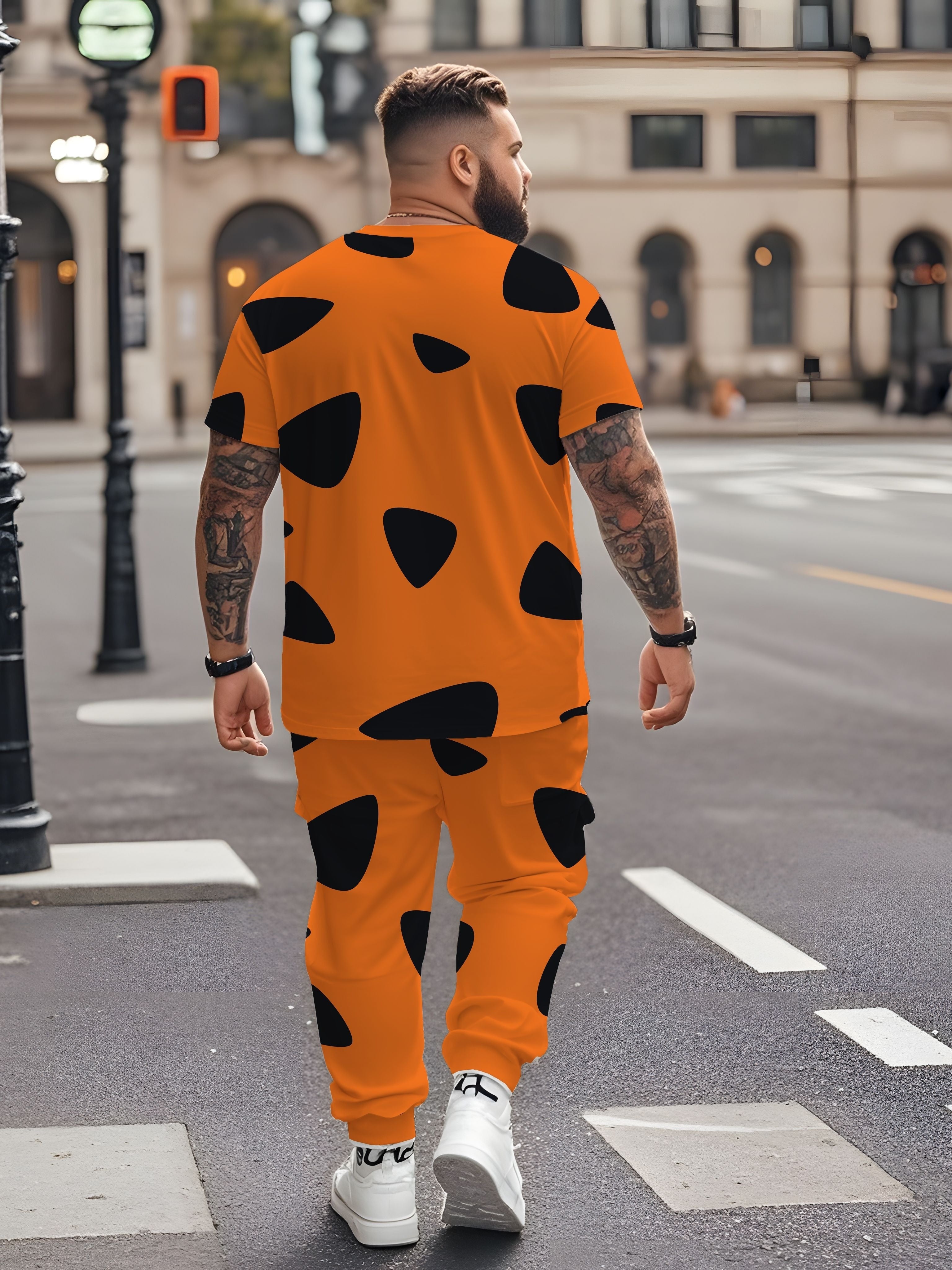 Men's Plus Size Pumpkin Yellow Casual Outfit with "Crazy" Man Print Knit Fabric