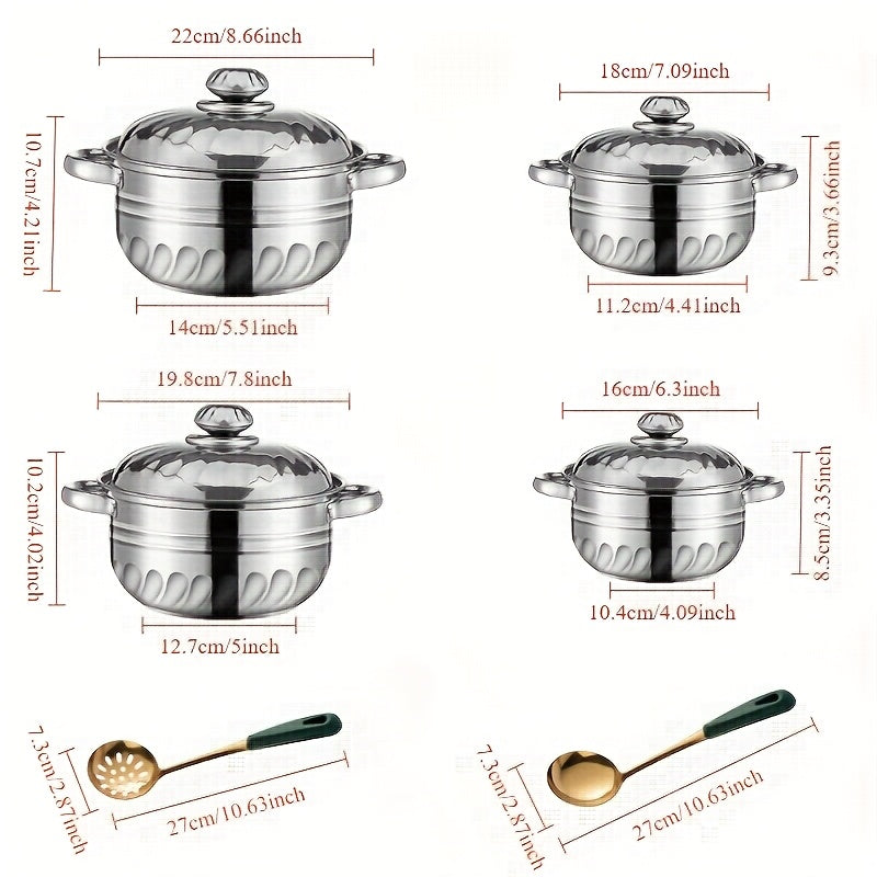 Stainless Steel Cookware Set 10 Pieces Pots Pans Lids Soup Ladle Kitchen Gift