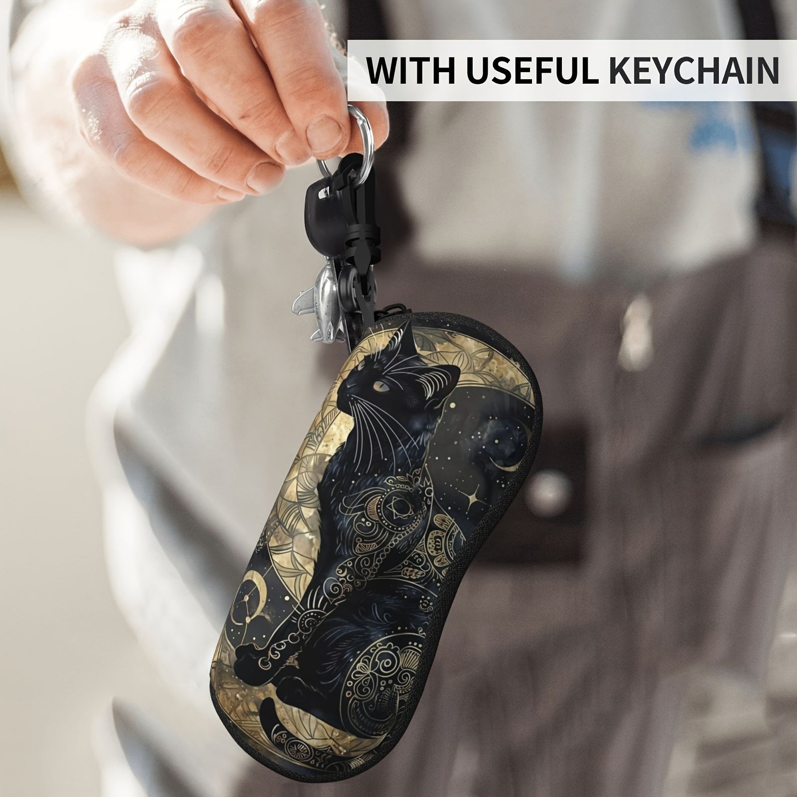 Black Cat and Moon Printed Glasses Case Neoprene Eyewear Sleeve with Zipper