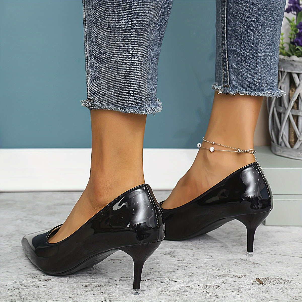 Women's Black Pointed Toe Stiletto Heels 6cm Glossy Dress Shoes