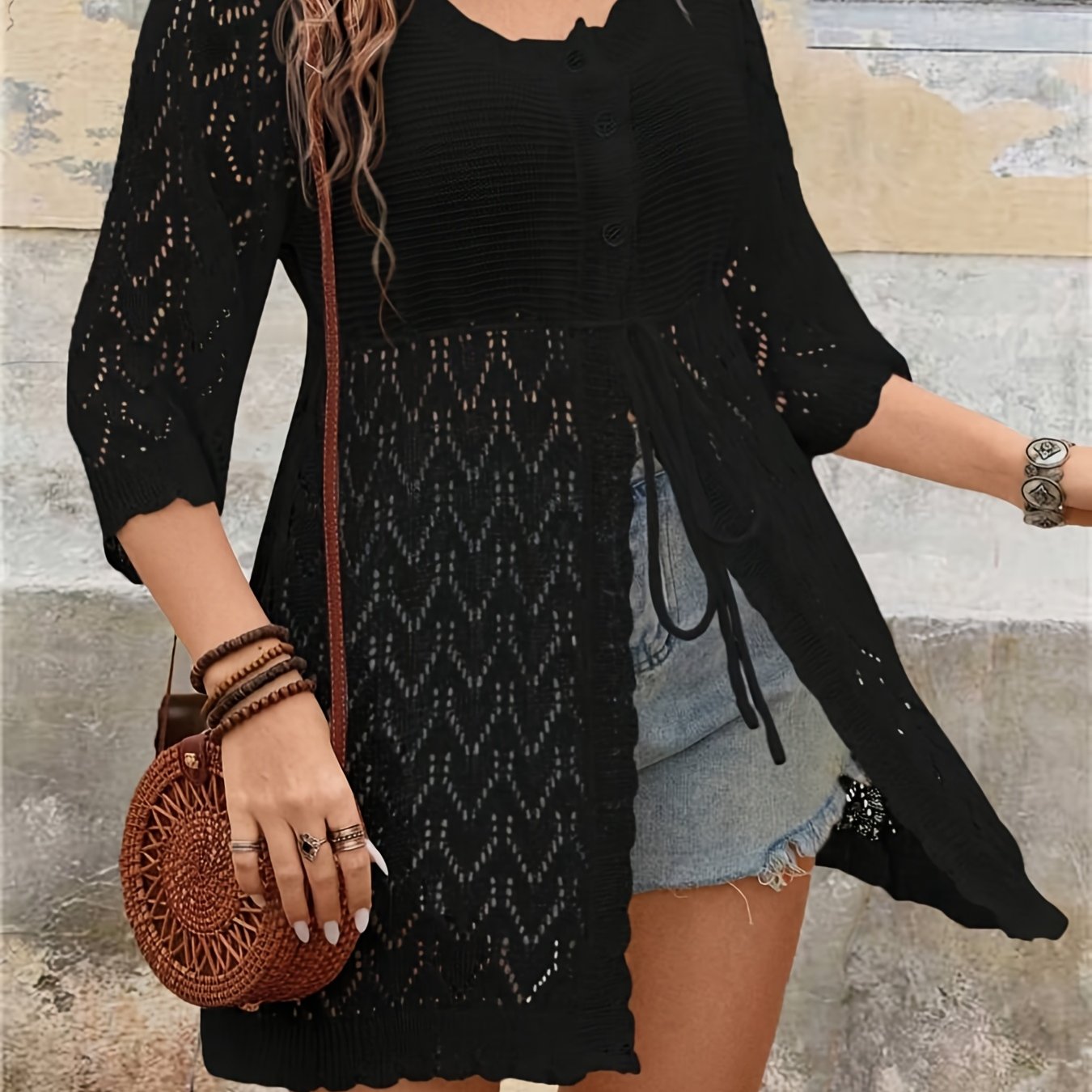Plus Size Women's Lace Trim V-Neck Cardigan Lightweight Geometric Semi-Sheer Casual Jacket
