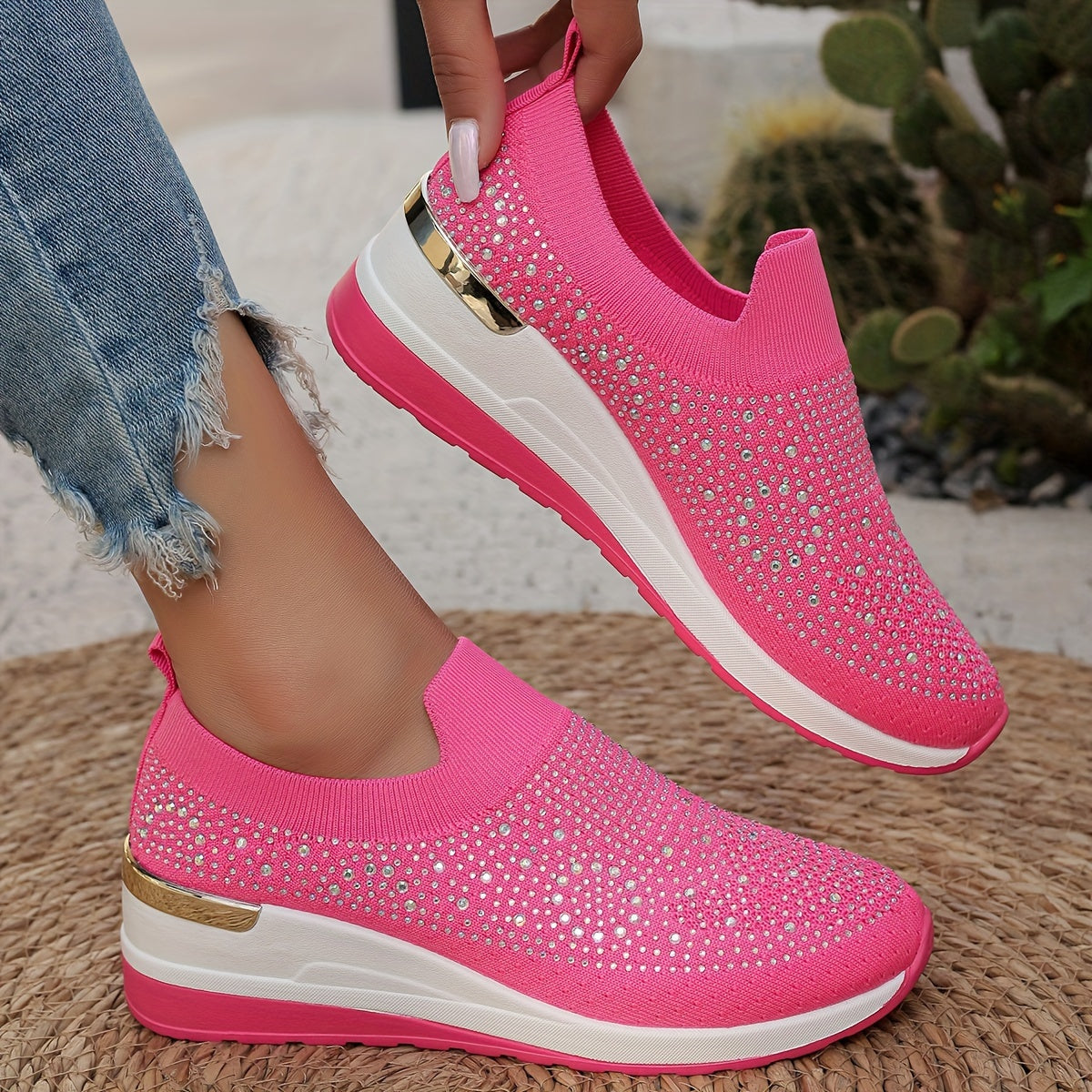Women's Rhinestone Decor Platform Sneakers Casual Slip-On Outdoor Shoes