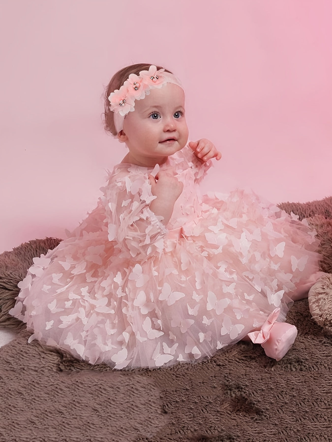 Baby Girls Butterfly Mesh Dress Set with Headband Long Sleeve Floral Midi Cotton Polyester