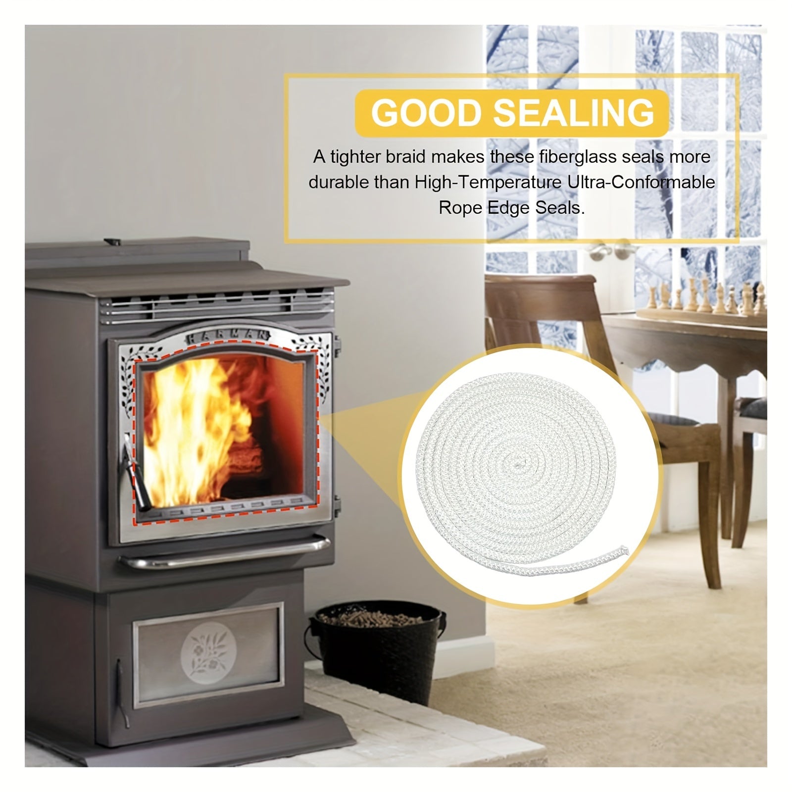 Fiberglass Stove Door Gasket 1/2 Inch x 30 Feet for Pellet and Wood Stoves