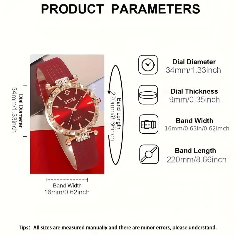 Ladies' Watch Set with Heart Jewelry Red Dial PU Leather Band Zinc Alloy Case Non-Analog Matching Necklace Ring Earrings