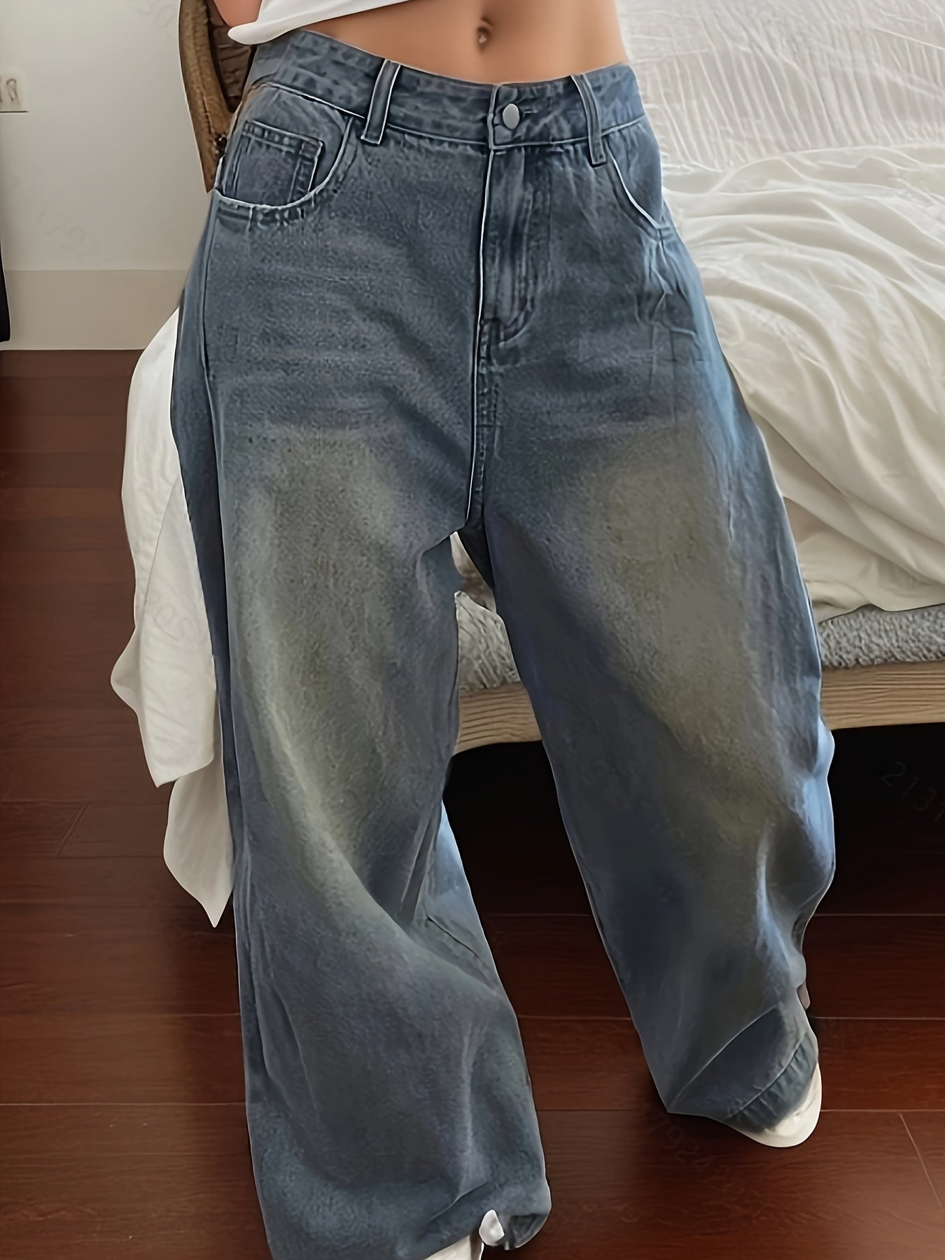 Women's Wide Leg Jeans Denim Solid Color Non-Stretch Casual for Spring Fall