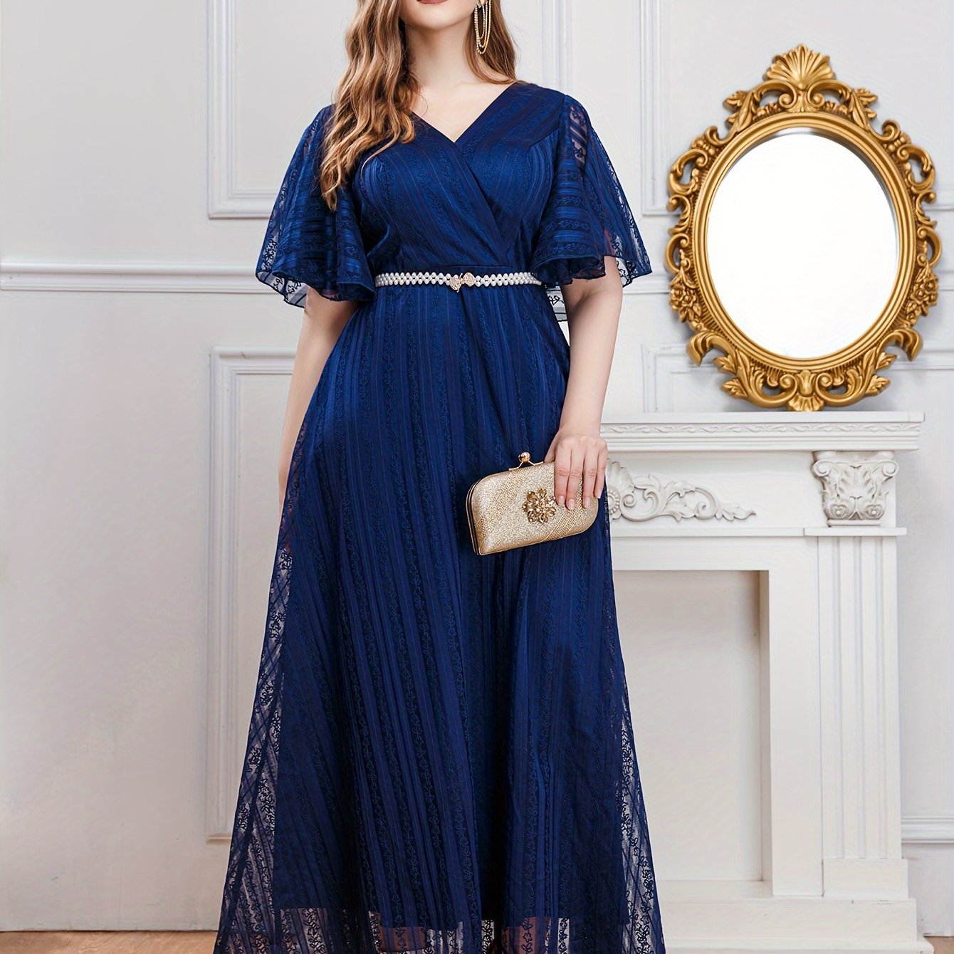 Plus Size Women's Polyester Evening Gown V-Neck Ruffles Pearl Belt