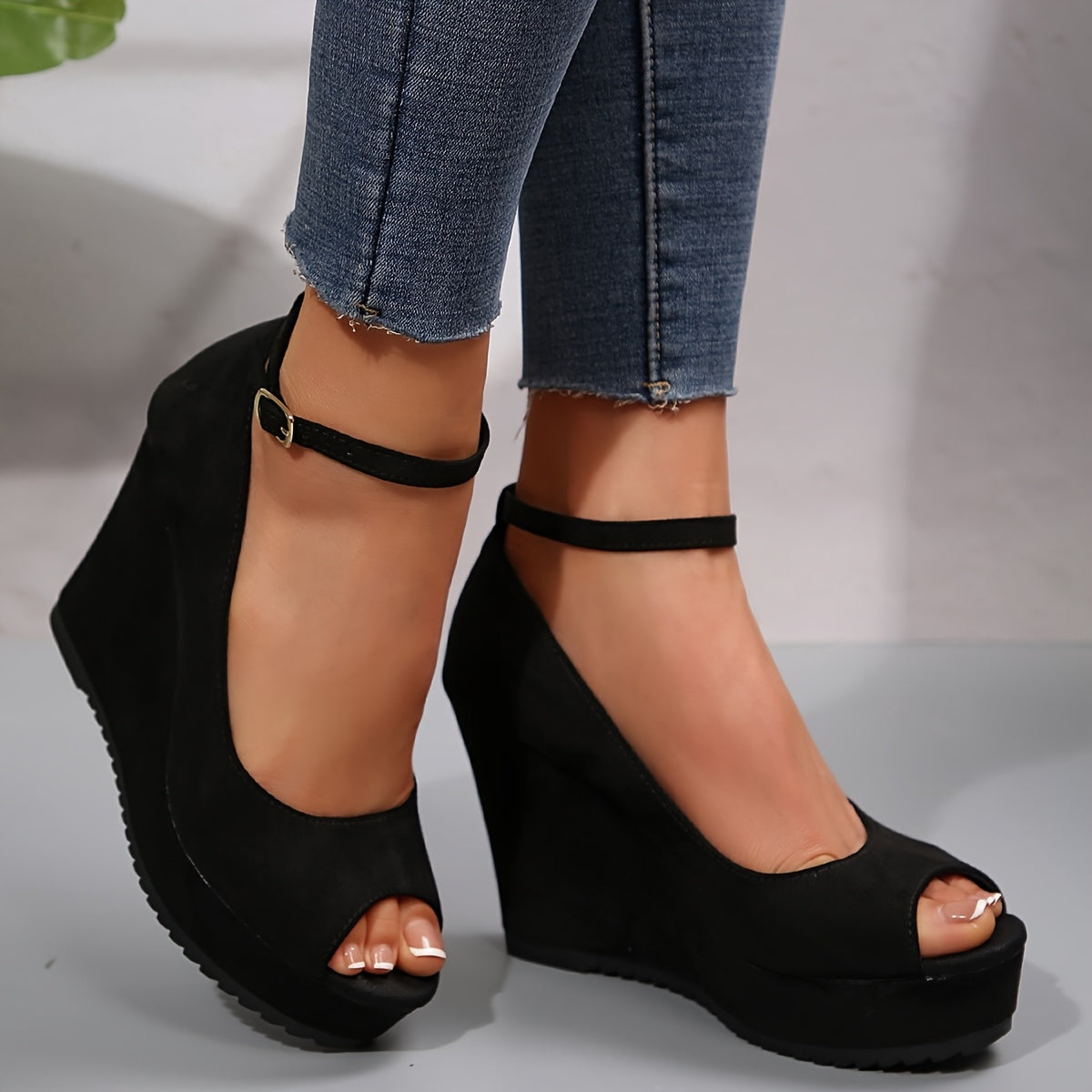 Women's Ankle Strap Platform Heels Open Toe Sandals Black Red Durable Footwear