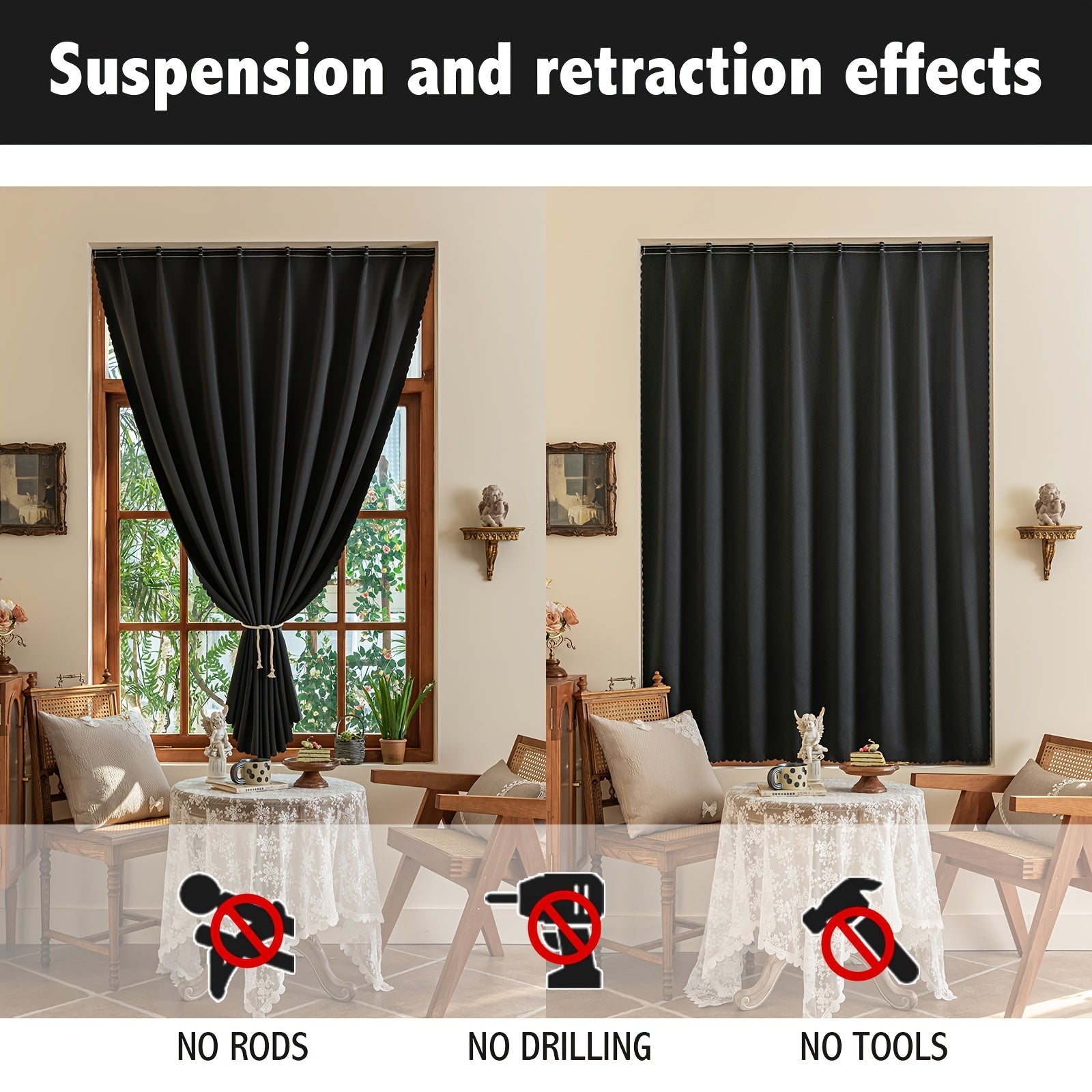 Blackout Curtain Without Rod UV Blocking Easy to Install for Bedroom Living Room Kitchen