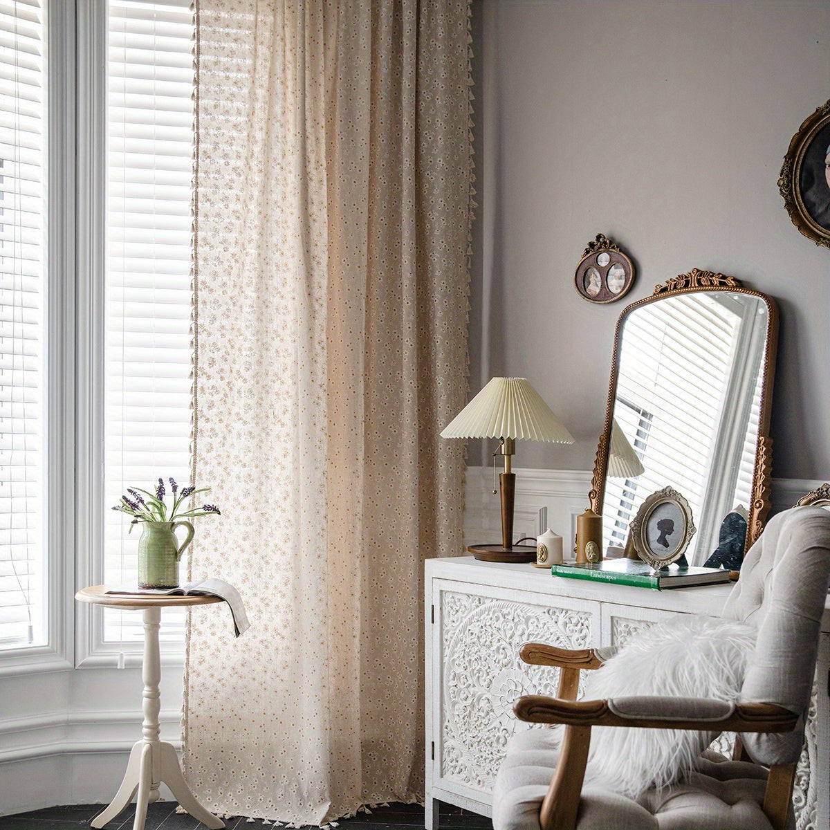 Printed Tassel Rod Pocket Curtains for Bedroom Living Room Kitchen Set of 2