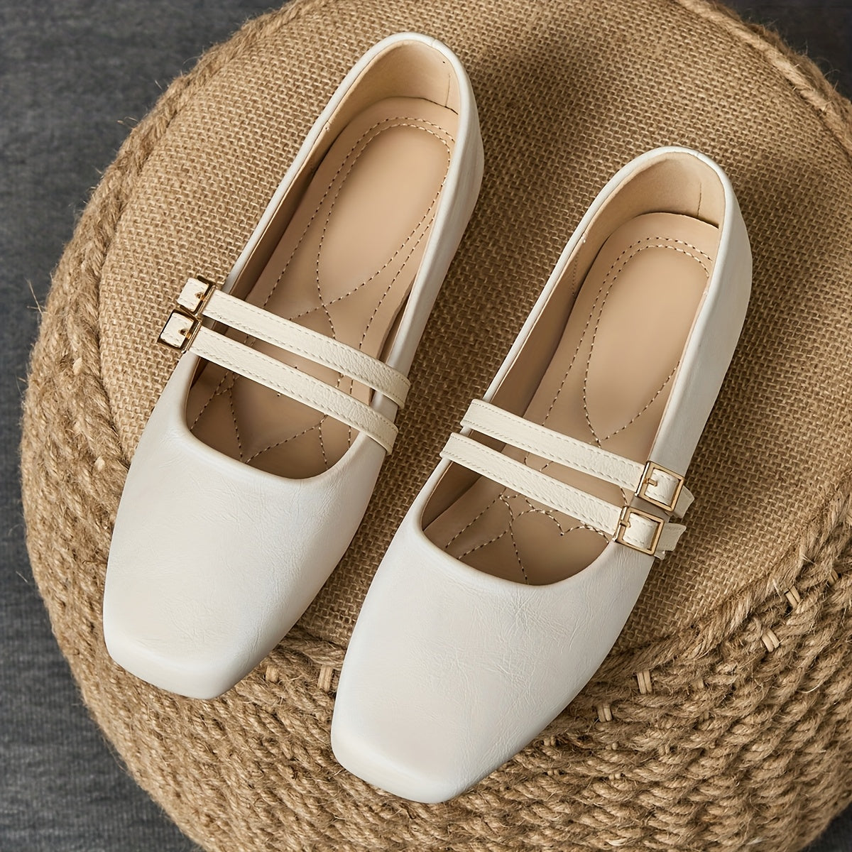 Women's White Slip-On Square Toe Flats with Metallic Buckle