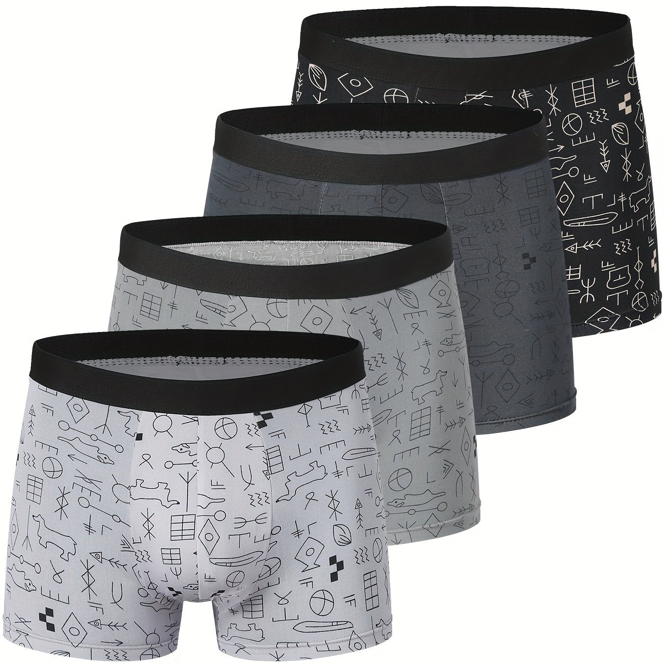 Men's Polyester Underwear with Geometric Pattern Slight Stretch Knit Fabric 115g/m² Set of 4