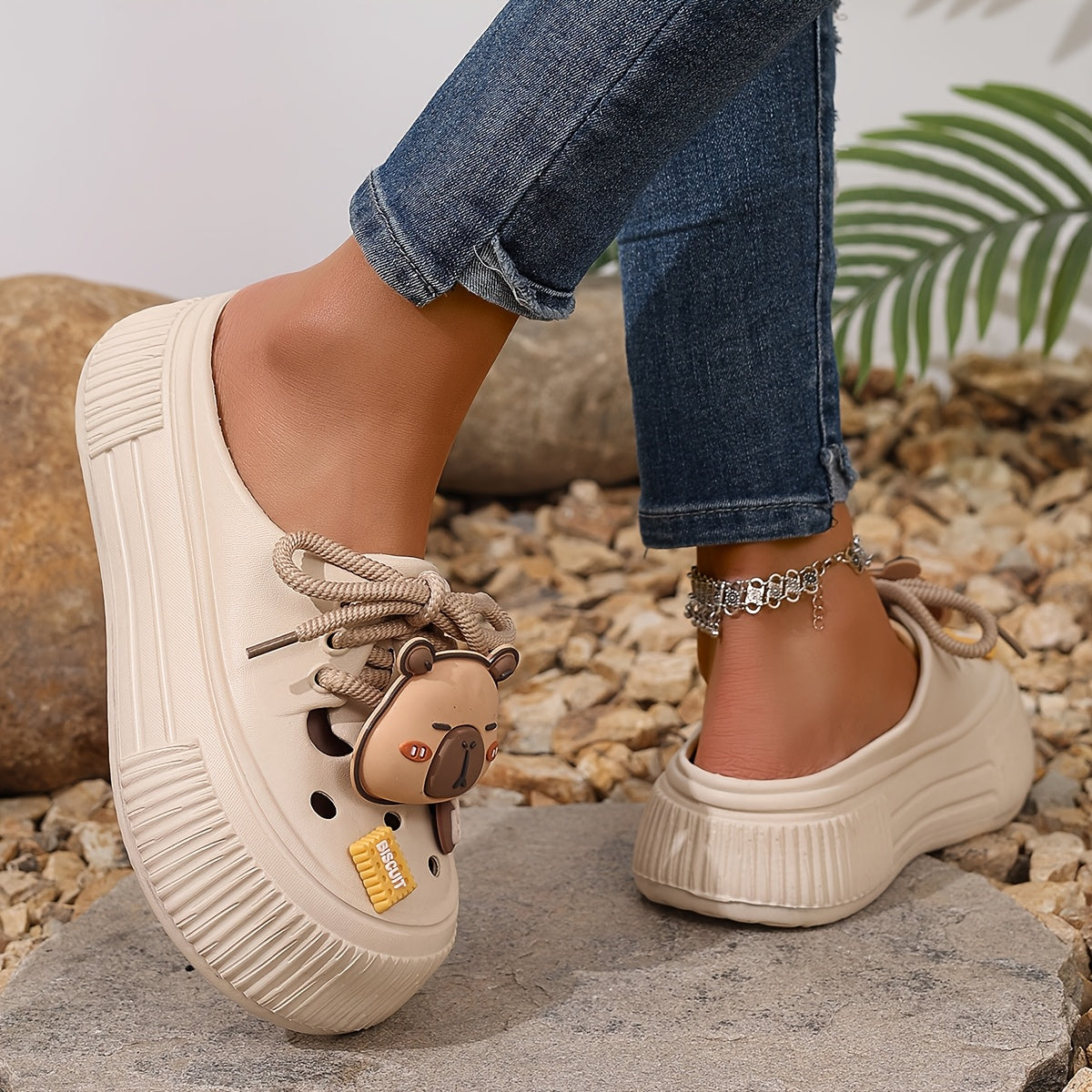 Women's Summer White EVA Clogs with Bear Charm and Thick Sole
