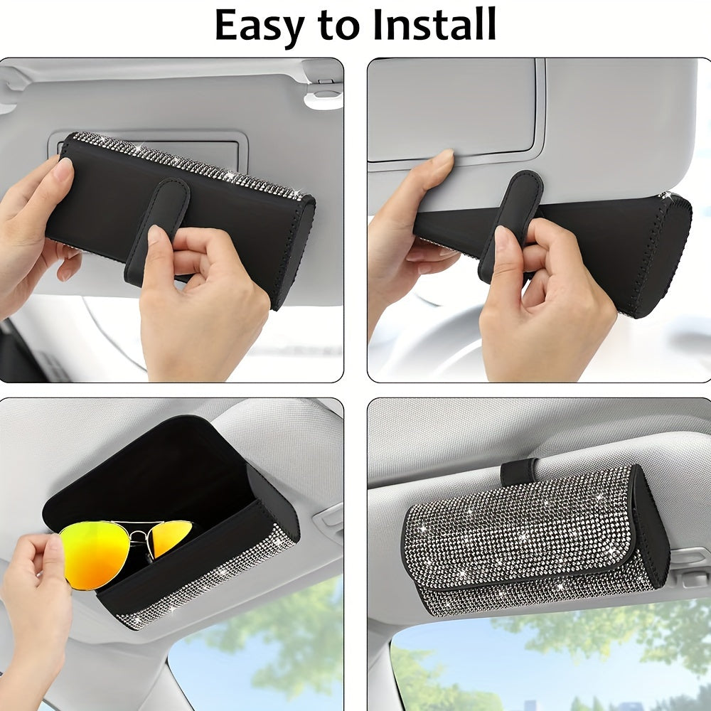 Unisex Sparkling PU Leather Car Glasses Holder Sun Visor Organizer