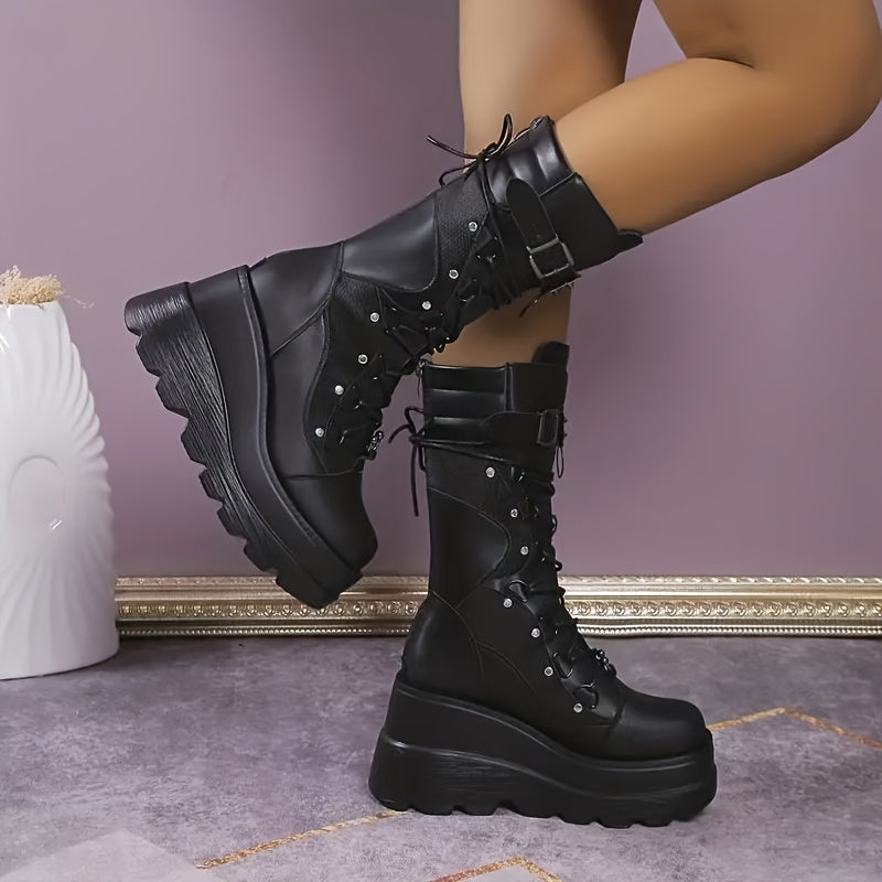 Unisex gotik punk platform o'rta tizza botinkalar, burqalar bilan, qish uchun