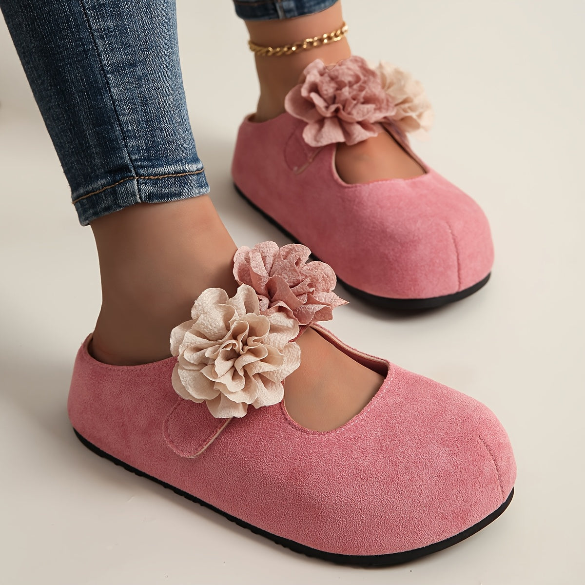 Women's Floral Platform Mules - Slip-On Loafers with Thick Sole in Pastel Pink