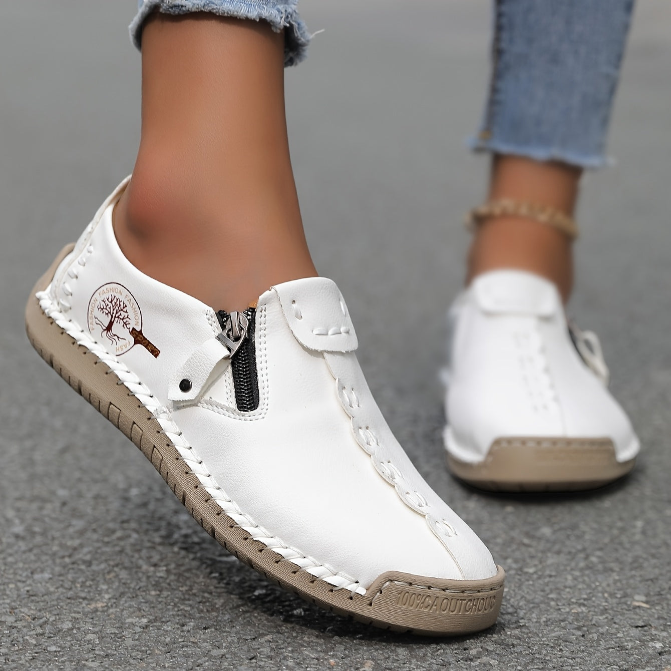 Women's Handmade Casual Loafers Slip-On Sneakers with Zipper Rubber Sole