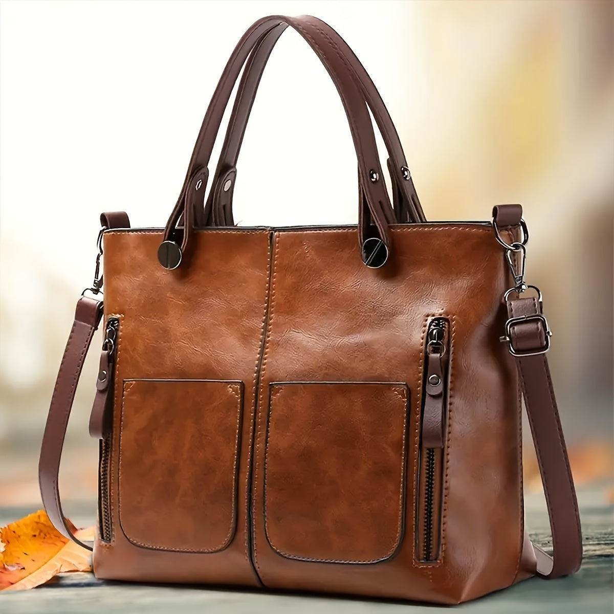 Vintage Style Tote Bag with Zipper Closure Faux Leather Brown Multiple Compartments Adjustable Strap