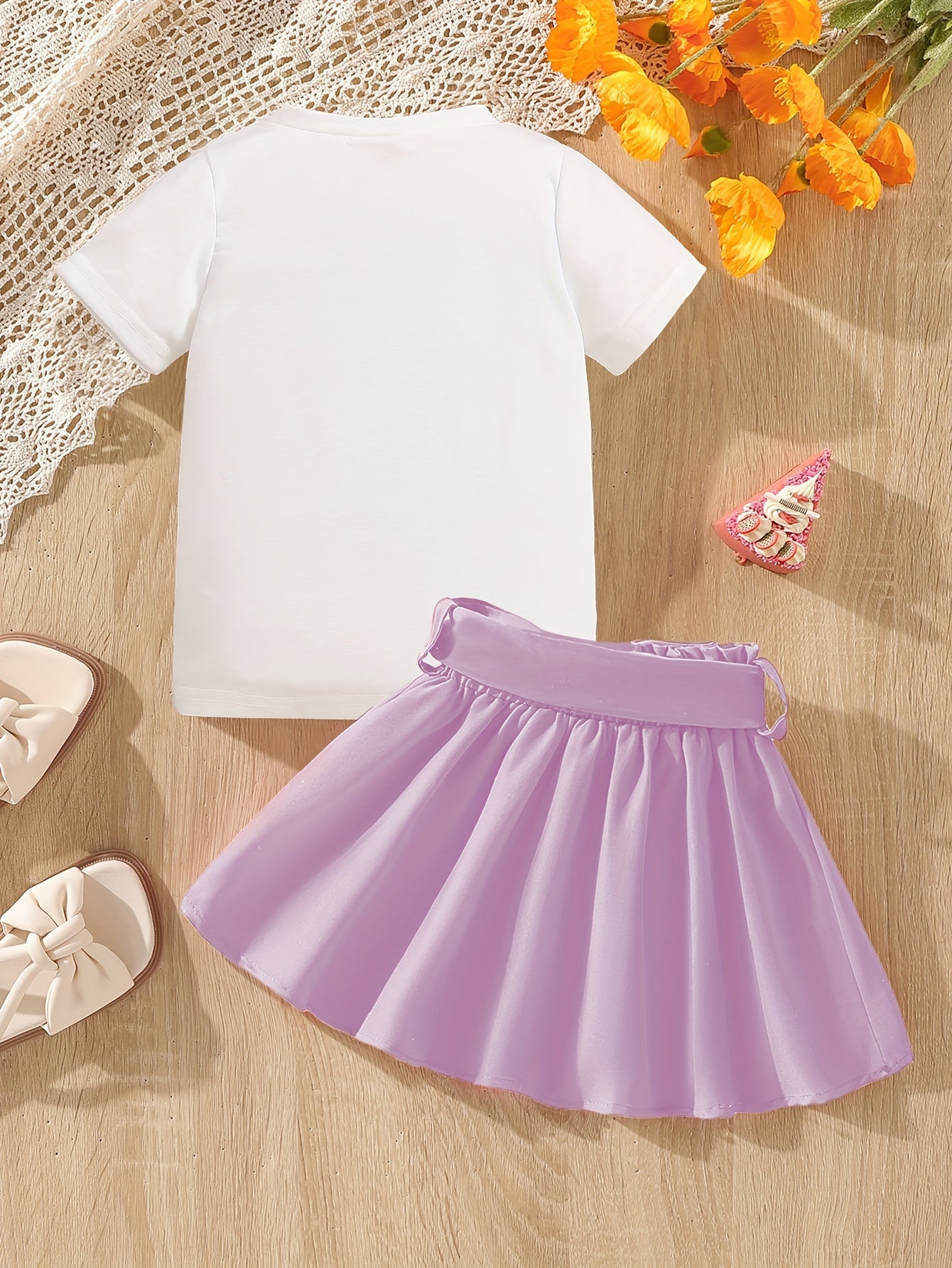 Girls' Summer Cartoon Graphic T-Shirt and Skirt Set in Purple for Toddler Girls