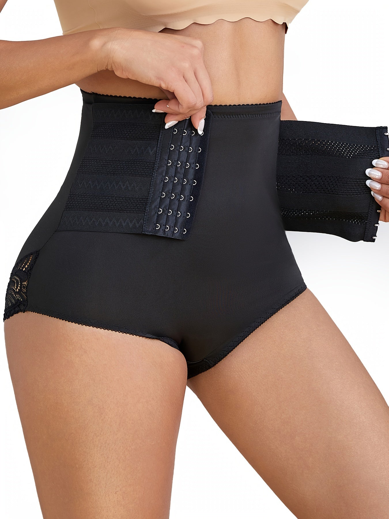 Ropa interior moldeadora de encaje de cintura alta para mujer, control de abdomen, levantamiento de glúteos, posparto, negro