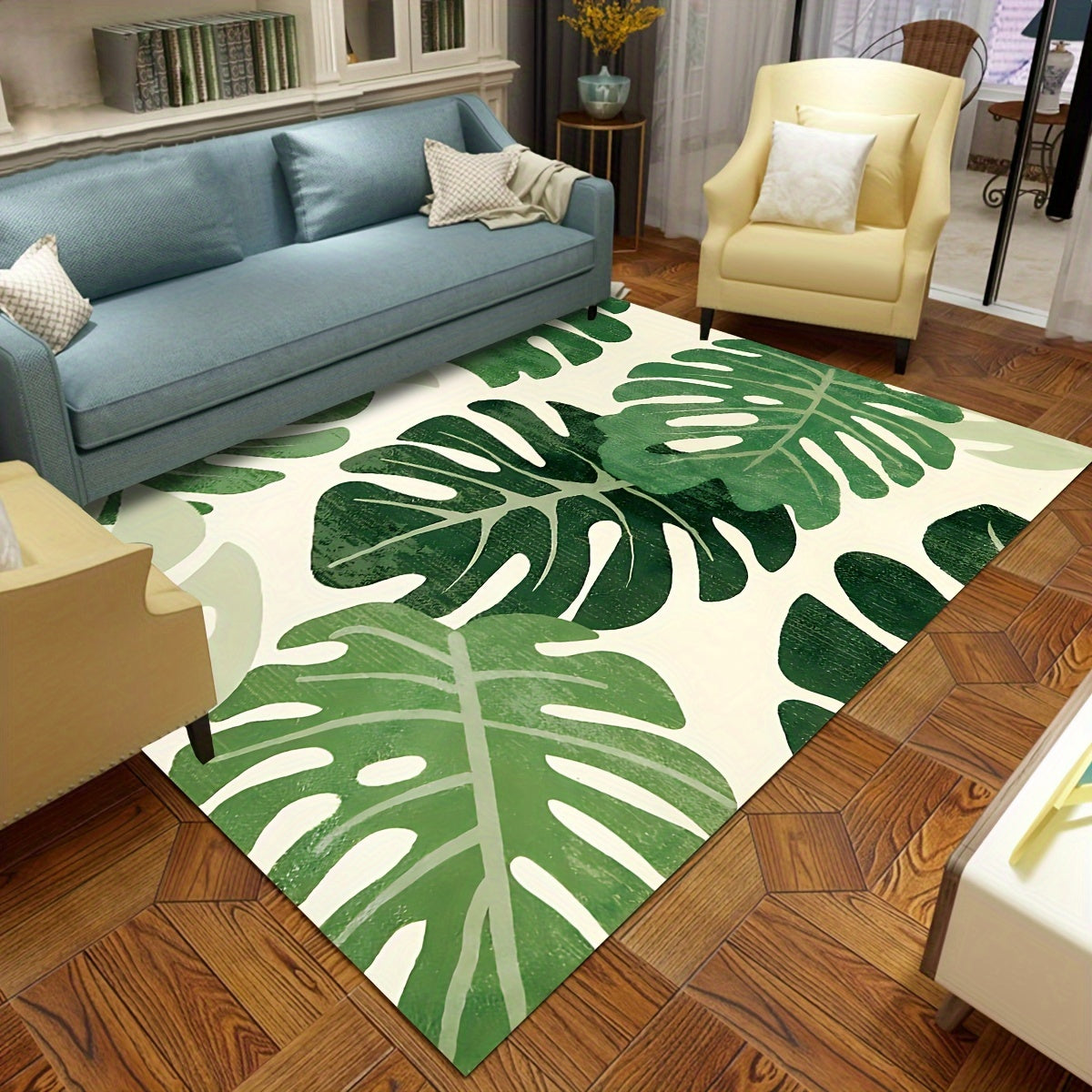 Green Plant Pattern Area Rug Polyester Non-Slip Foam Pad for Living Room Bedroom