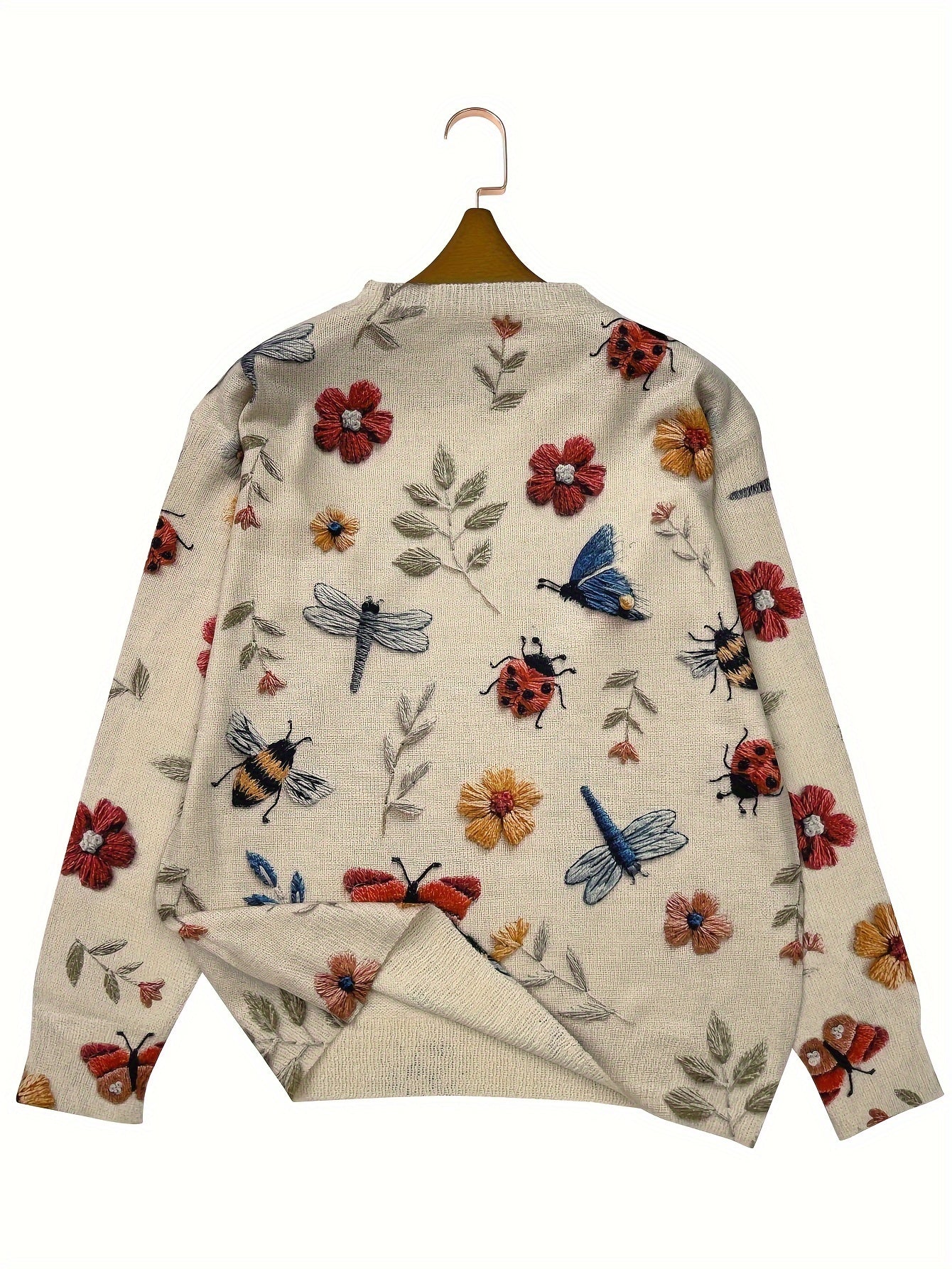 Women's Casual Lightweight Sweater with 3D Insect Print Round Neck Long Sleeve