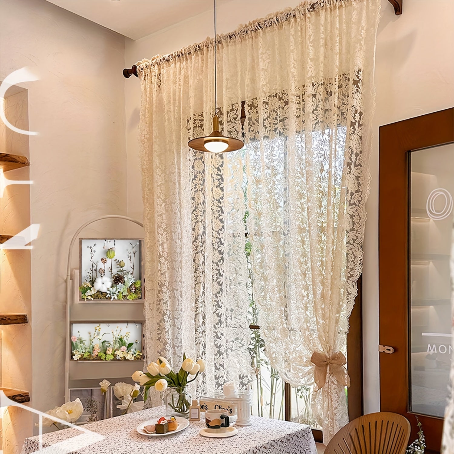 Vintage Jacquard Sheer Curtain Set with Lace Embroidered Panels for Bedroom Kitchen and Restaurant