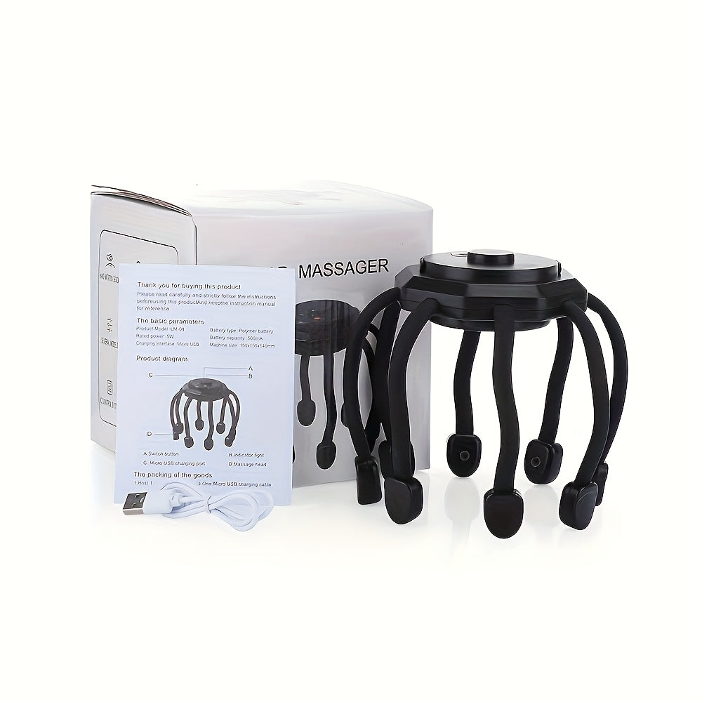 Portativ simsiz bosh massaj qiluvchi, 3 rejimda, USB orqali zaryadlanadigan, 500mAh batareya, 360° bosh terisini bo'shashtiruvchi, ideal sovg'a, 8 barmoq, ≤36V ishlash voltaji.