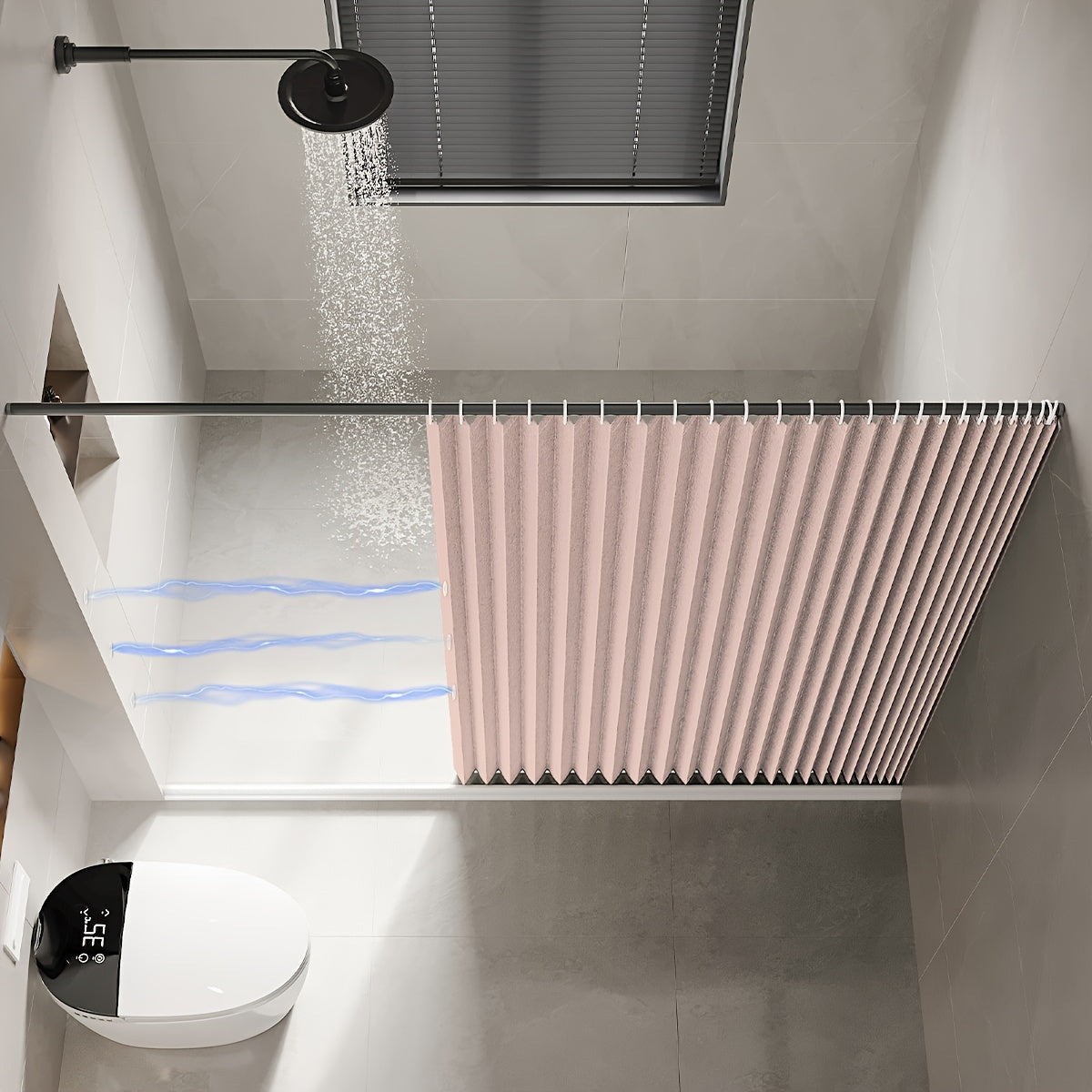 Suv o'tkazmaydigan, magnit so'rish bilan egiluvchan dush pardasi, hammom tualetini ajratish uchun ideal. Quruq va namni ajratish va teshik dizayni bilan osongina osish.