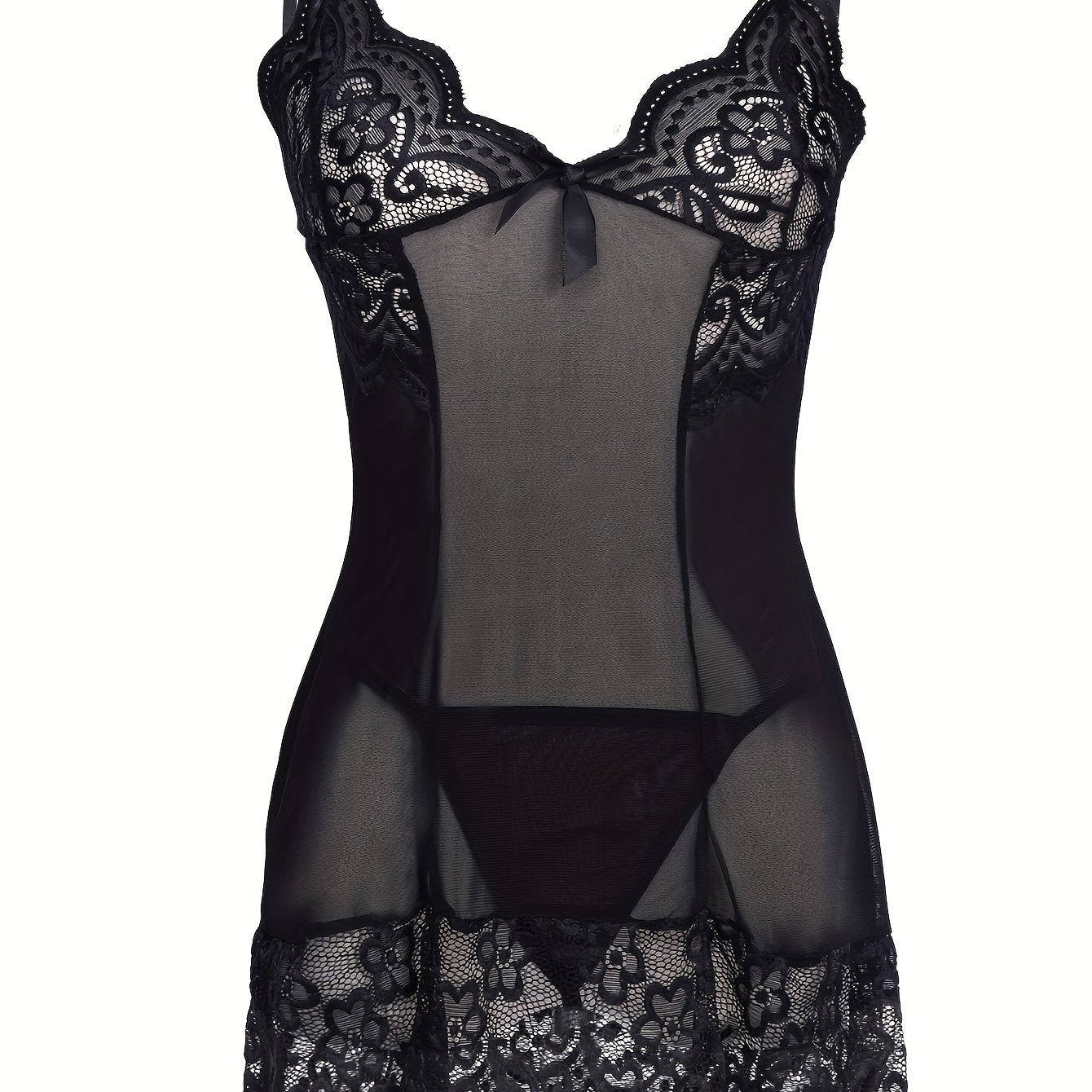 Women's Black Lace Lingerie Set with Sheer Slip Dress and Thong