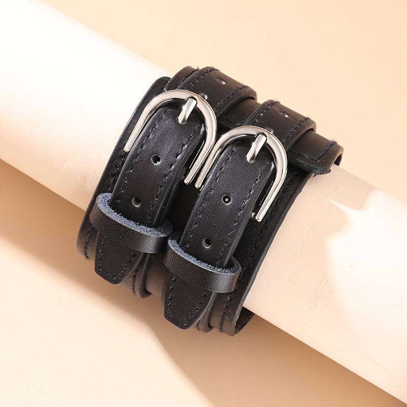 Men's Punk PU Leather Bracelet with Double Buckle and Adjustable Fit