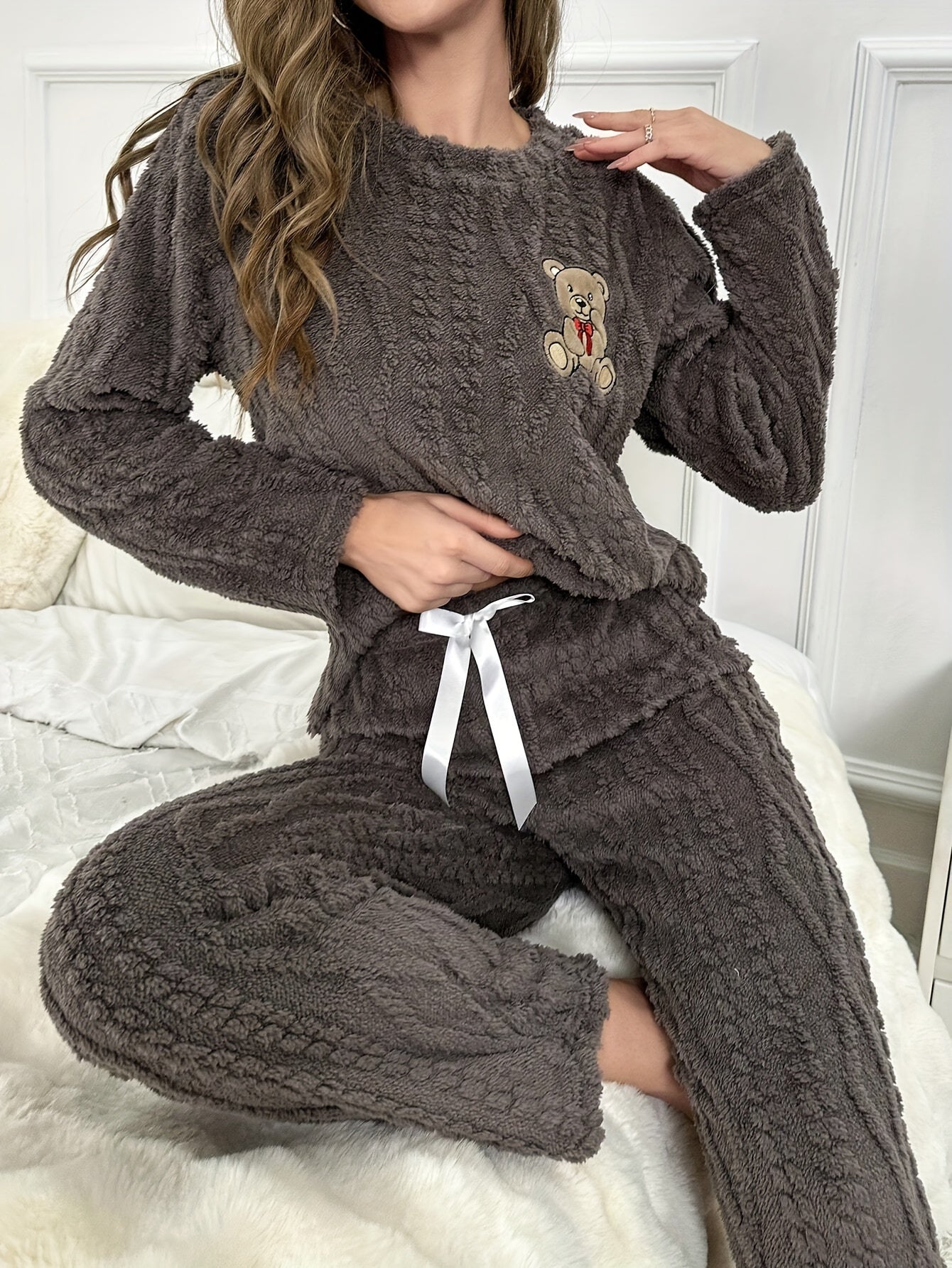 Women's Velvet Pajama Set with Bear Embroidery for Winter, Long Sleeve and Pants