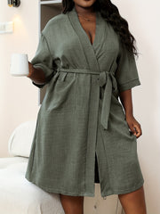 Women’s Micro-Elastic Polyester V-Neck Robe with Pockets and Belt