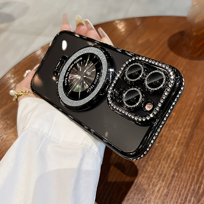 Luxury Rhinestone Glitter Magnetic TPU Phone Case for iPhone 12-16 Pro Max Plus with Shockproof Bumper