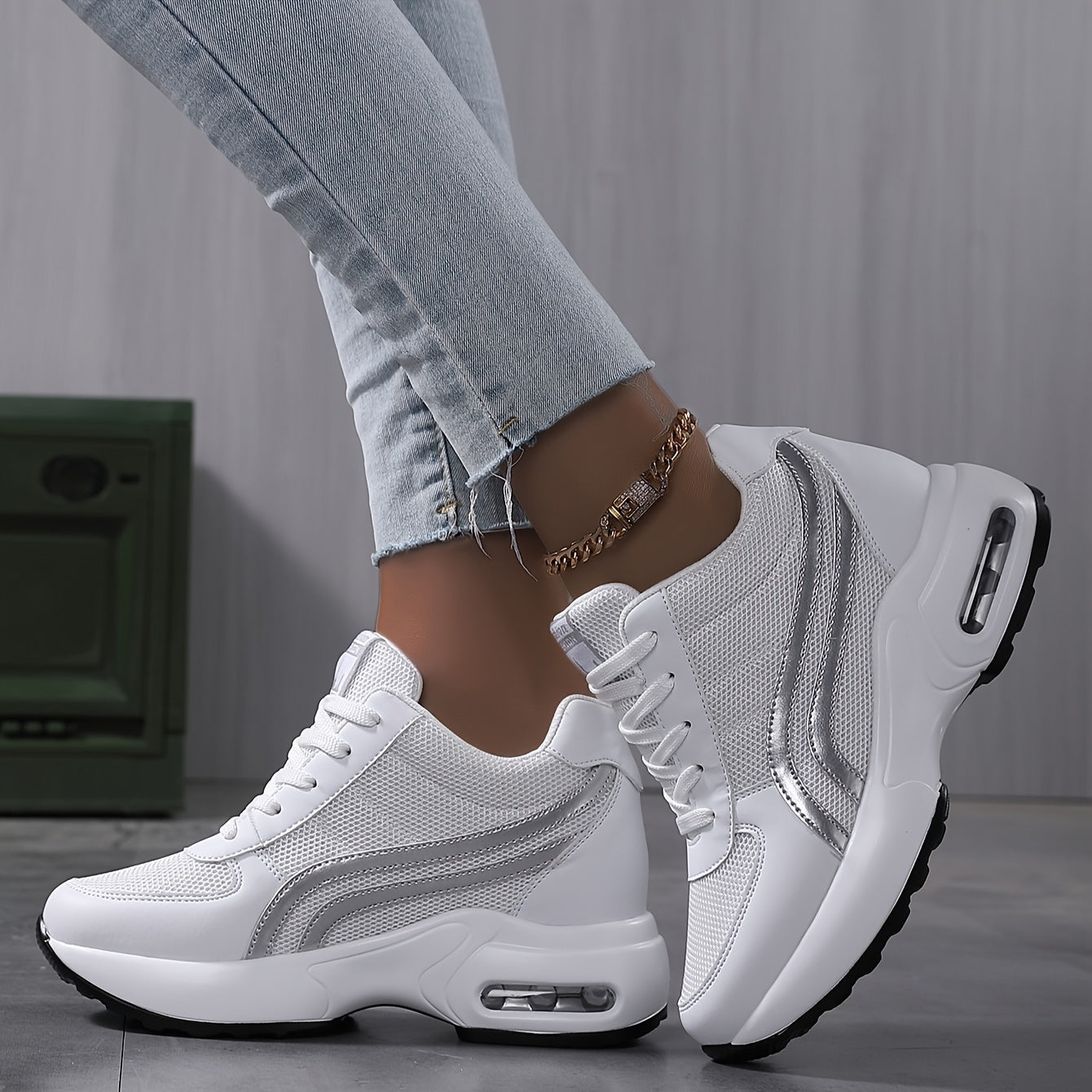 Women'S Mesh Casual Sneakers with Cushioned Air Sole, White, Low-Top, Comfortable Walking Shoes