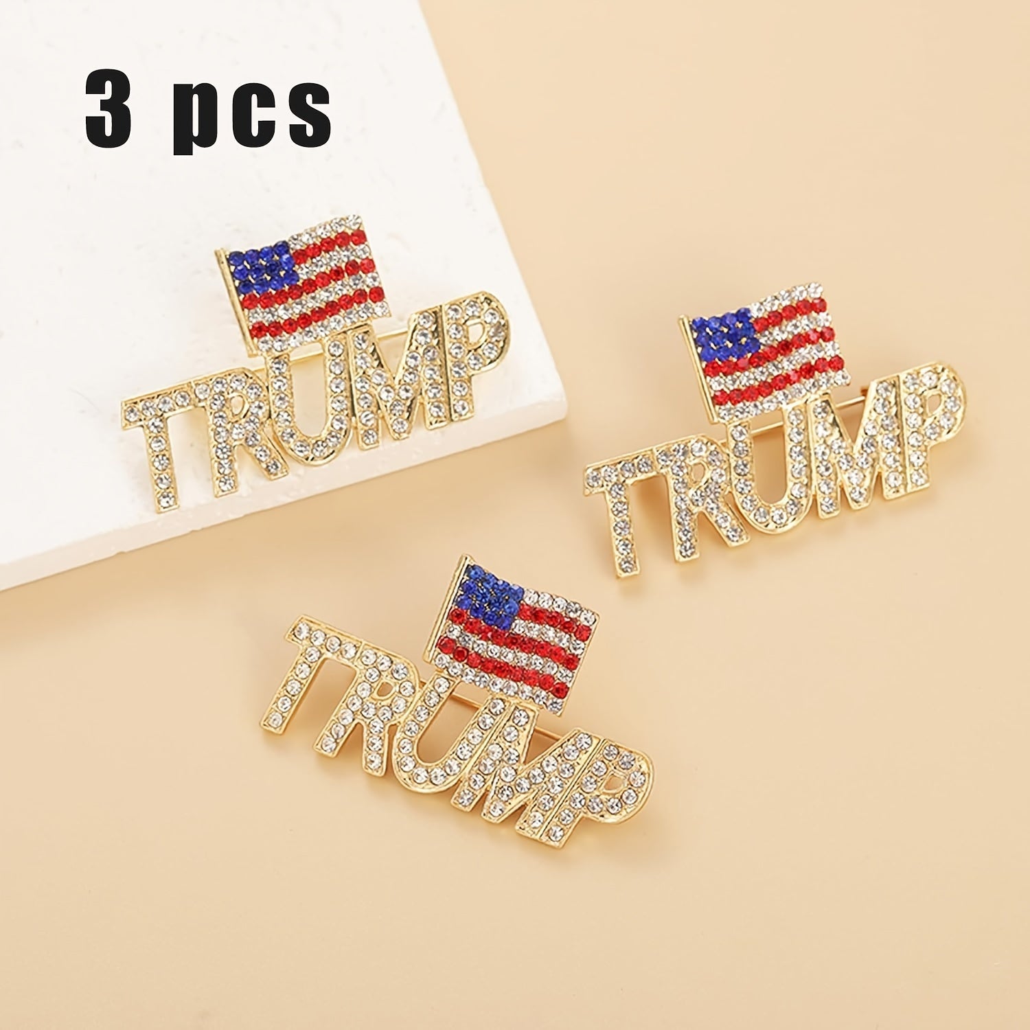 Set of 3 American Flag Crystal Pins Retro-Inspired Alloy Collectible Election Keepsakes
