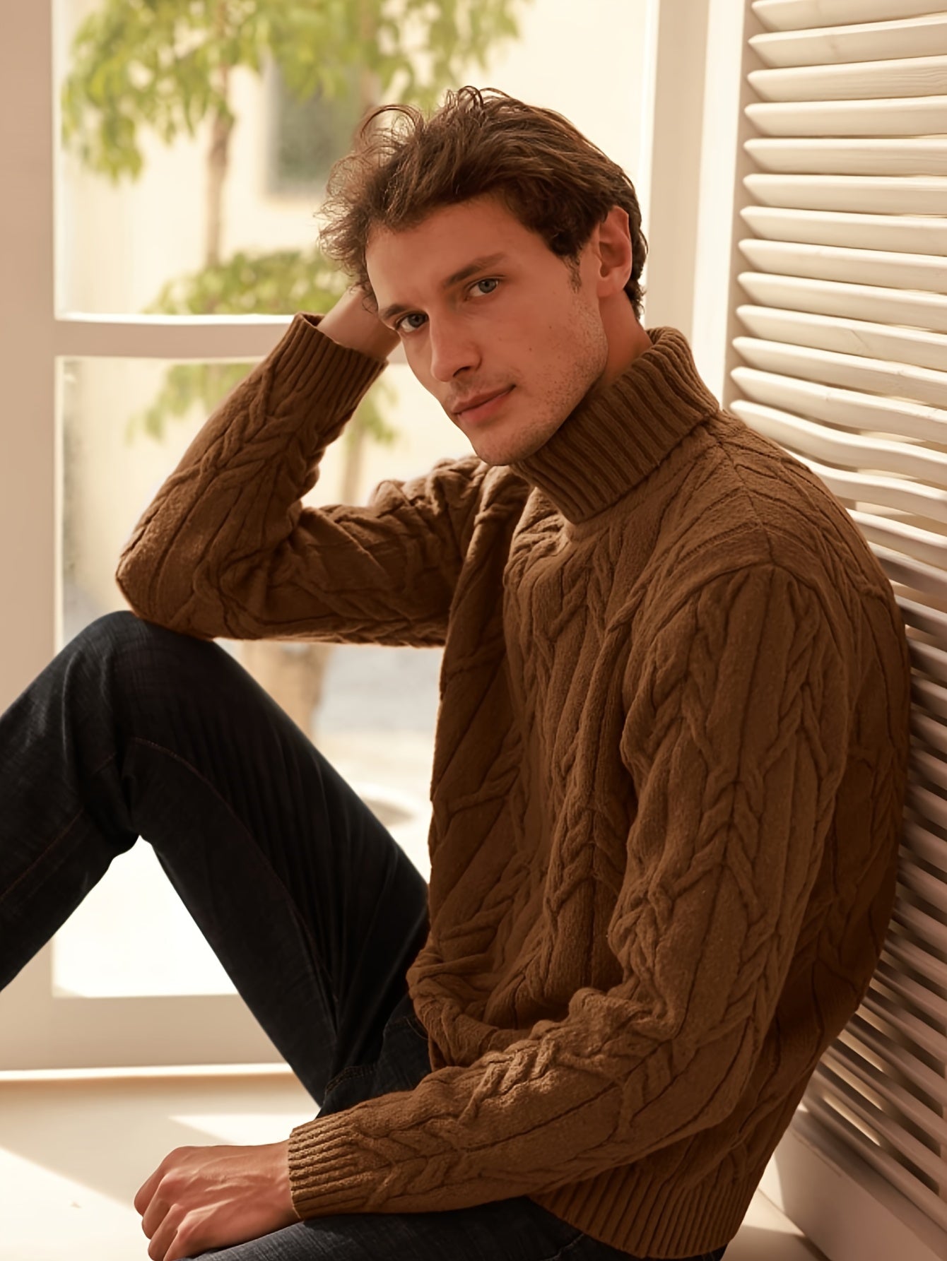 Plus Size Men's Turtleneck Sweater Slim Fit Solid Color Knit Fall Winter Casual Business