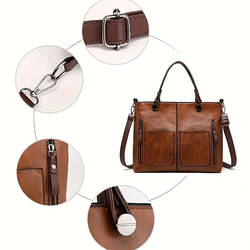 Ayollar uchun kulrang va och jigarrang rangdagi keng vintage uslubidagi xochli sumka, retro dizayni, zipper yopilishi, chetni moylash tugatishi bilan, kundalik foydalanish uchun ideal.
