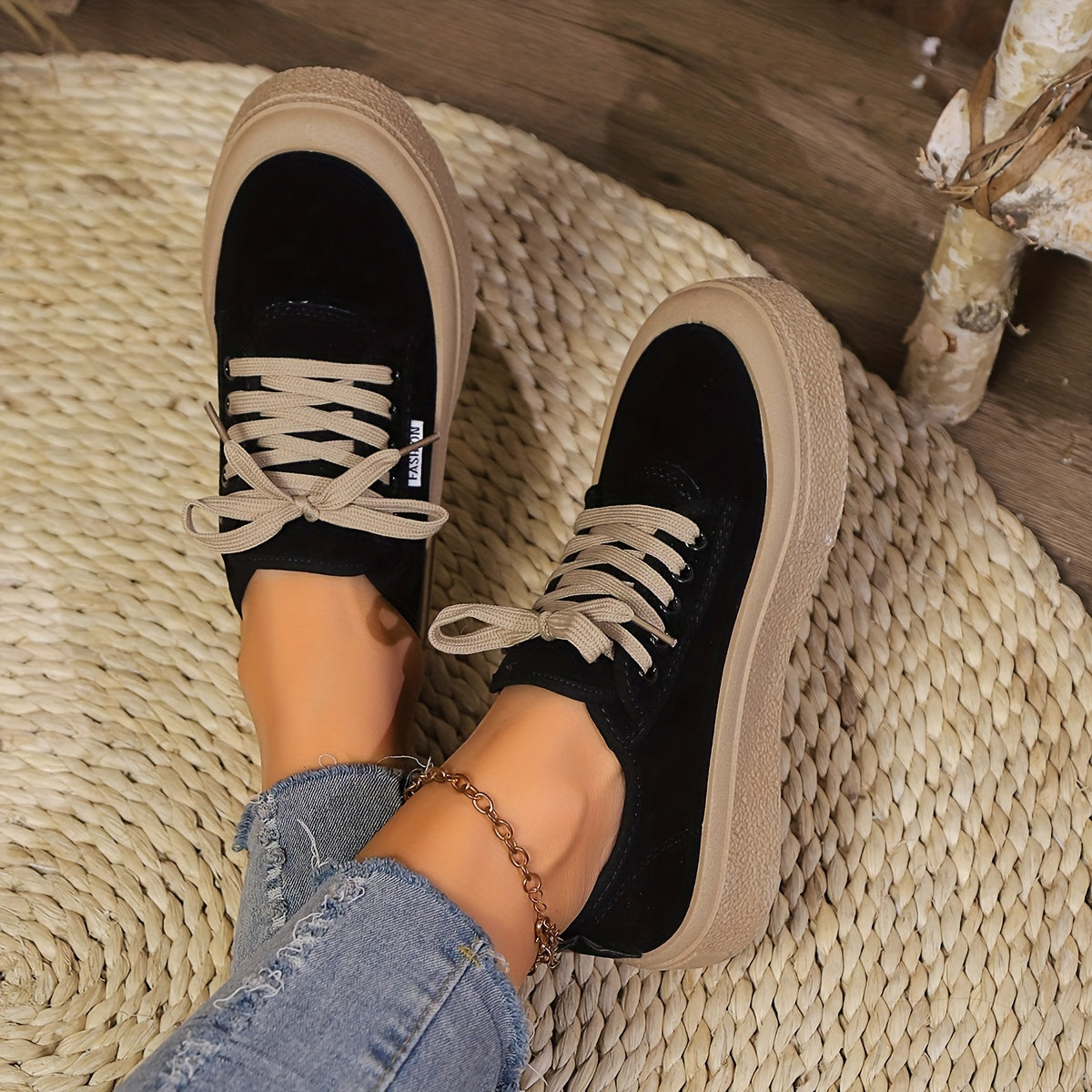 Women's Casual Lace-Up Shoes Black PVC Sole Low-Top Round Toe
