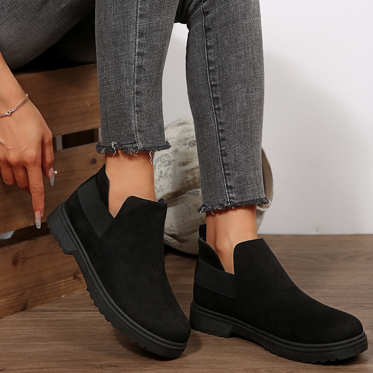 Women's Black Ankle Boots with Elastic Panel Round Toe All-Season Comfort
