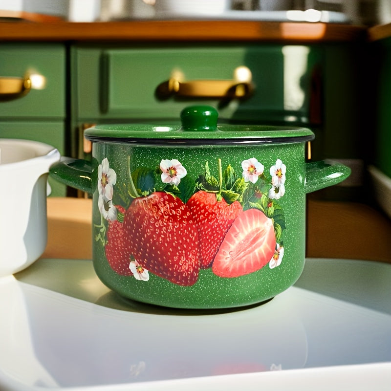 Enamel Cooking Pot 20cm with Strawberry Floral Design, Heat-Retaining Lid