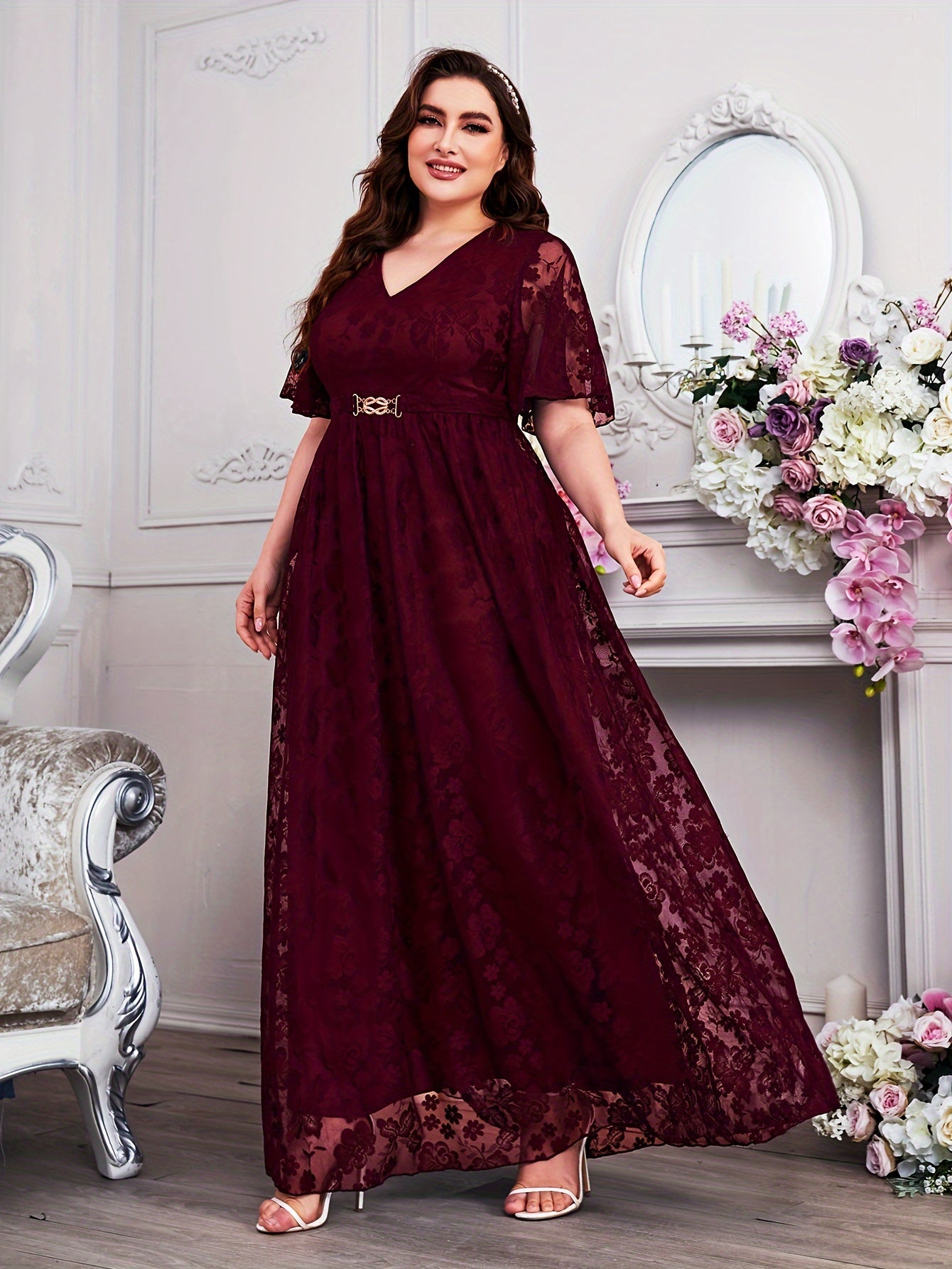 Women's Plus Size Floral Lace Swing Maxi Dress V Neck Flutter Sleeve Party Wear